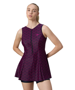 Women's Endurance10 Printed Closedback Swimdress With Boyleg - True Navy & Electric Pink