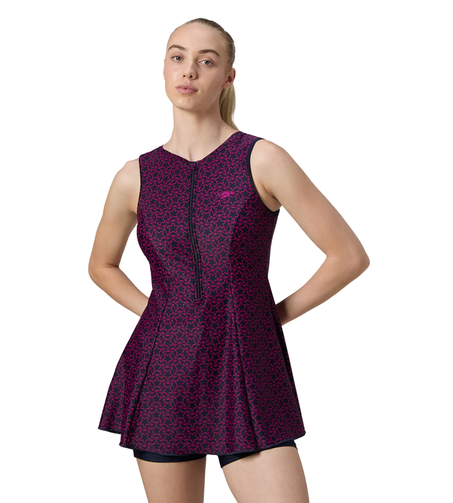 Women's Endurance10 Printed Closedback Swimdress With Boyleg - True Navy & Electric Pink