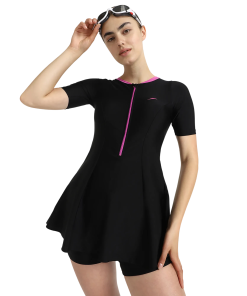 Women's Endurance10 Closedback Sleeved Swimdress With Boyleg - Black & Neon Violet
