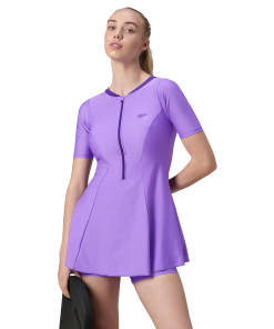 Women's Endurabrite Short Sleeve Closedback Swimdress With Boyleg - Purple Mist & Tillandsia Purple