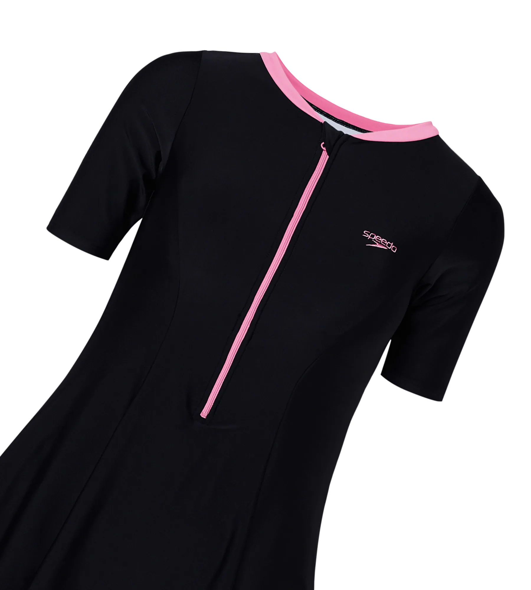 Women's Endurance10 Short Sleeve Closedback Swimdress With Boyleg - Black & Pink Lemonade - Image 4