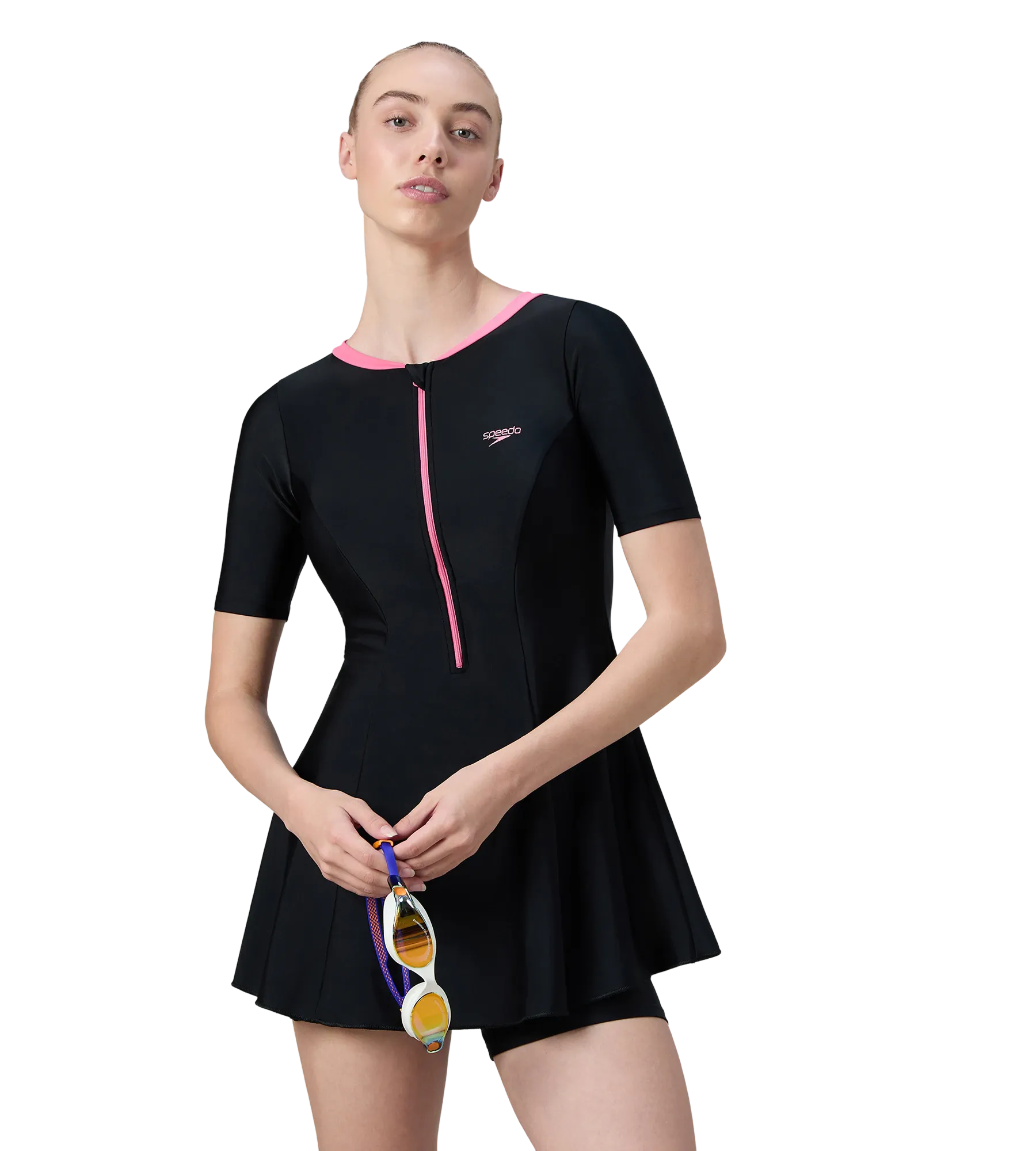 Women's Endurance10 Short Sleeve Closedback Swimdress With Boyleg - Black & Pink Lemonade - Image 2