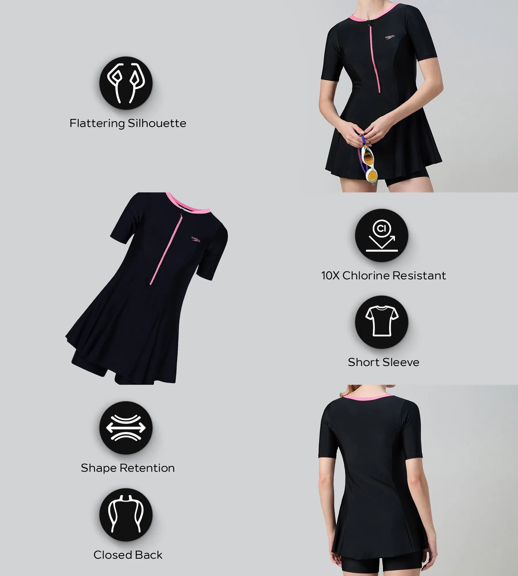 Women's Endurance10 Short Sleeve Closedback Swimdress With Boyleg - Black & Pink Lemonade - Image 3