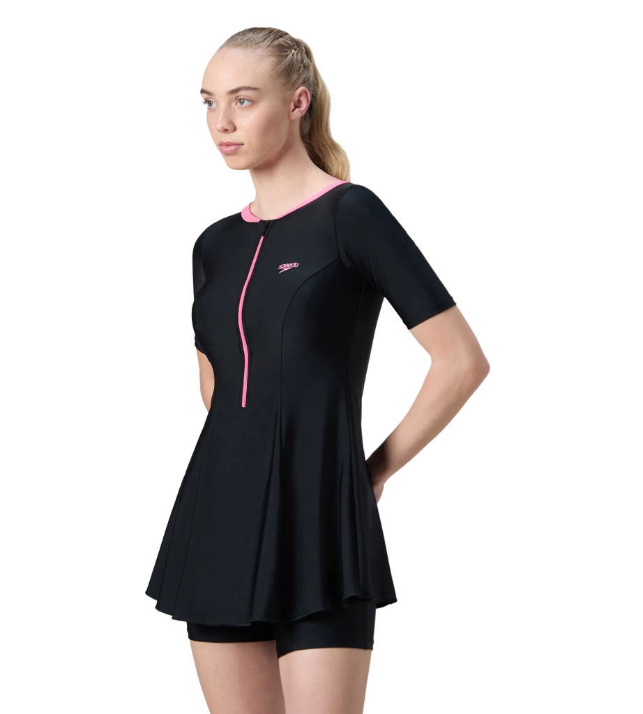 Women's Endurance10 Short Sleeve Closedback Swimdress With Boyleg - Black & Pink Lemonade