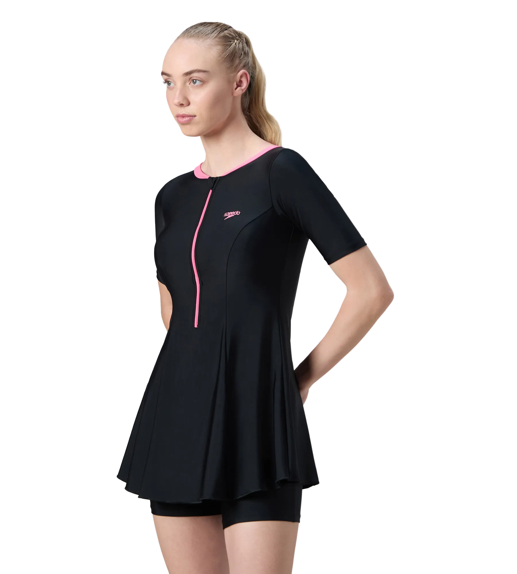 Women's Endurance10 Short Sleeve Closedback Swimdress With Boyleg - Black & Pink Lemonade