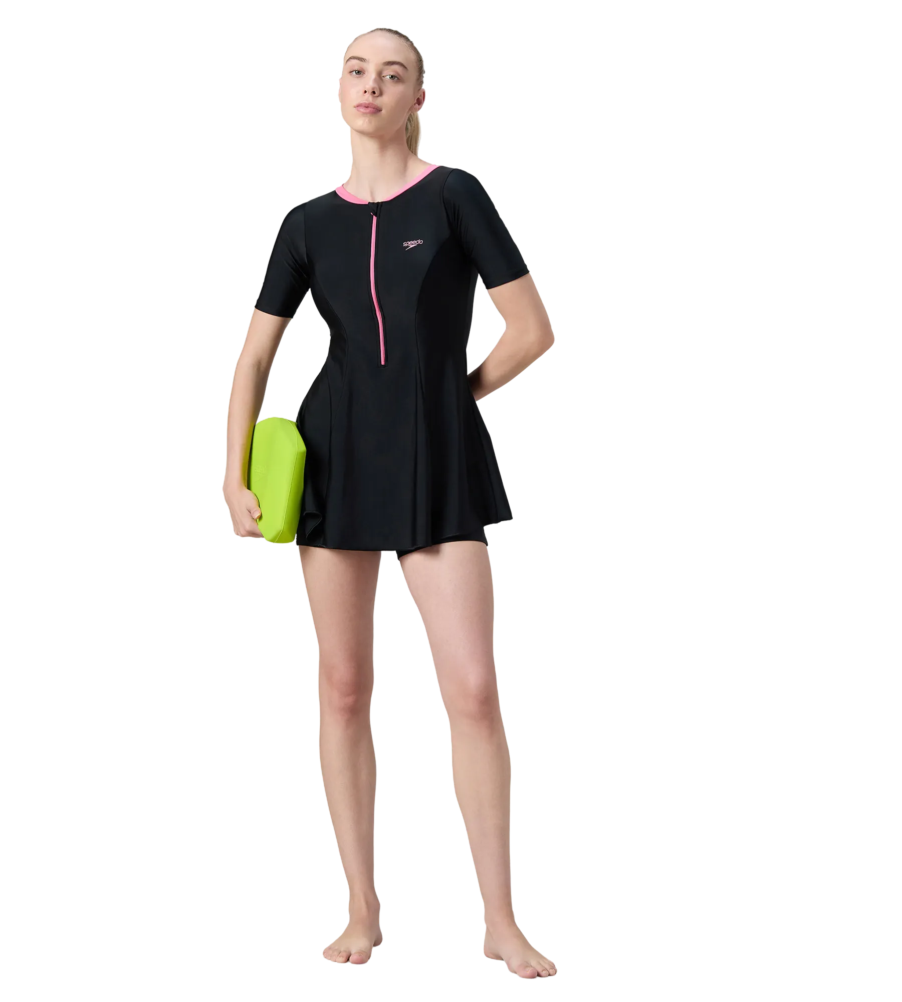 Women's Endurance10 Short Sleeve Closedback Swimdress With Boyleg - Black & Pink Lemonade - Image 7