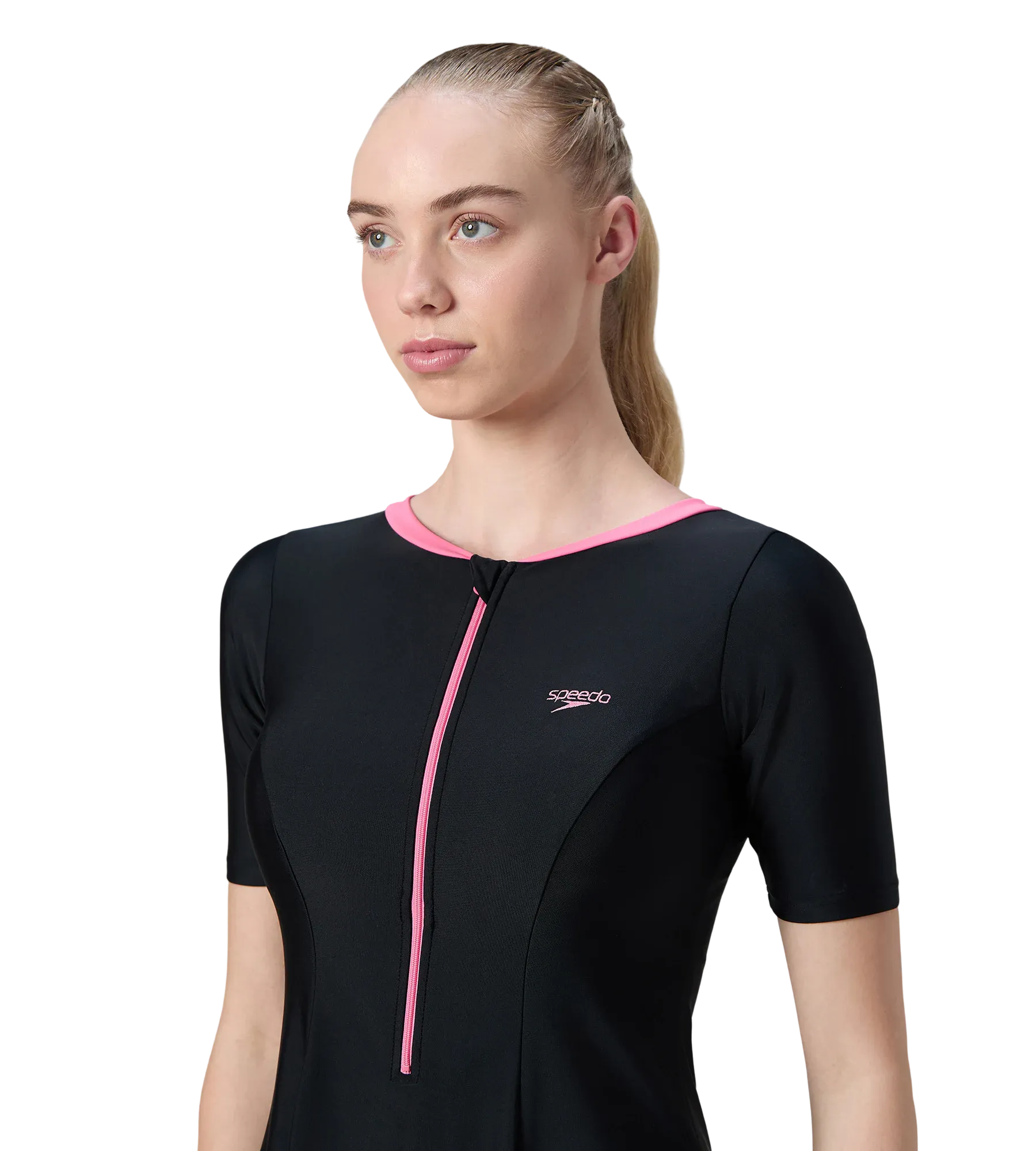 Women's Endurance10 Short Sleeve Closedback Swimdress With Boyleg - Black & Pink Lemonade - Image 8