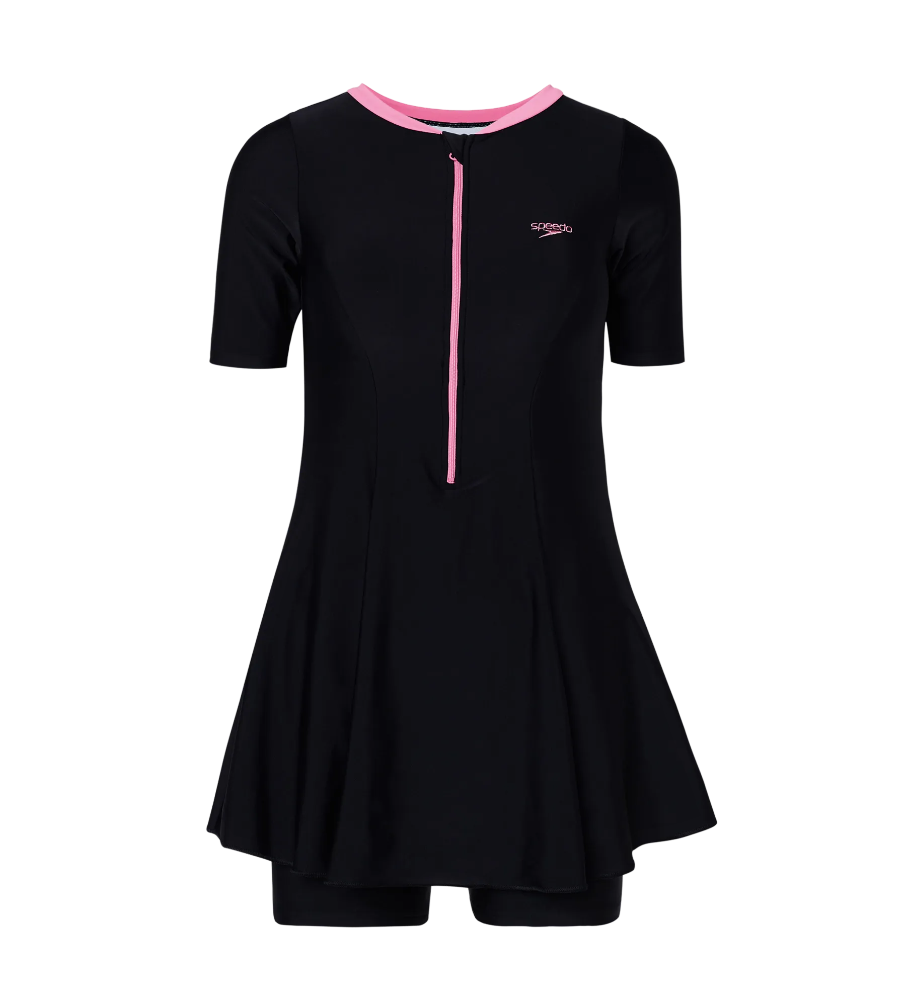 Women's Endurance10 Short Sleeve Closedback Swimdress With Boyleg - Black & Pink Lemonade - Image 10
