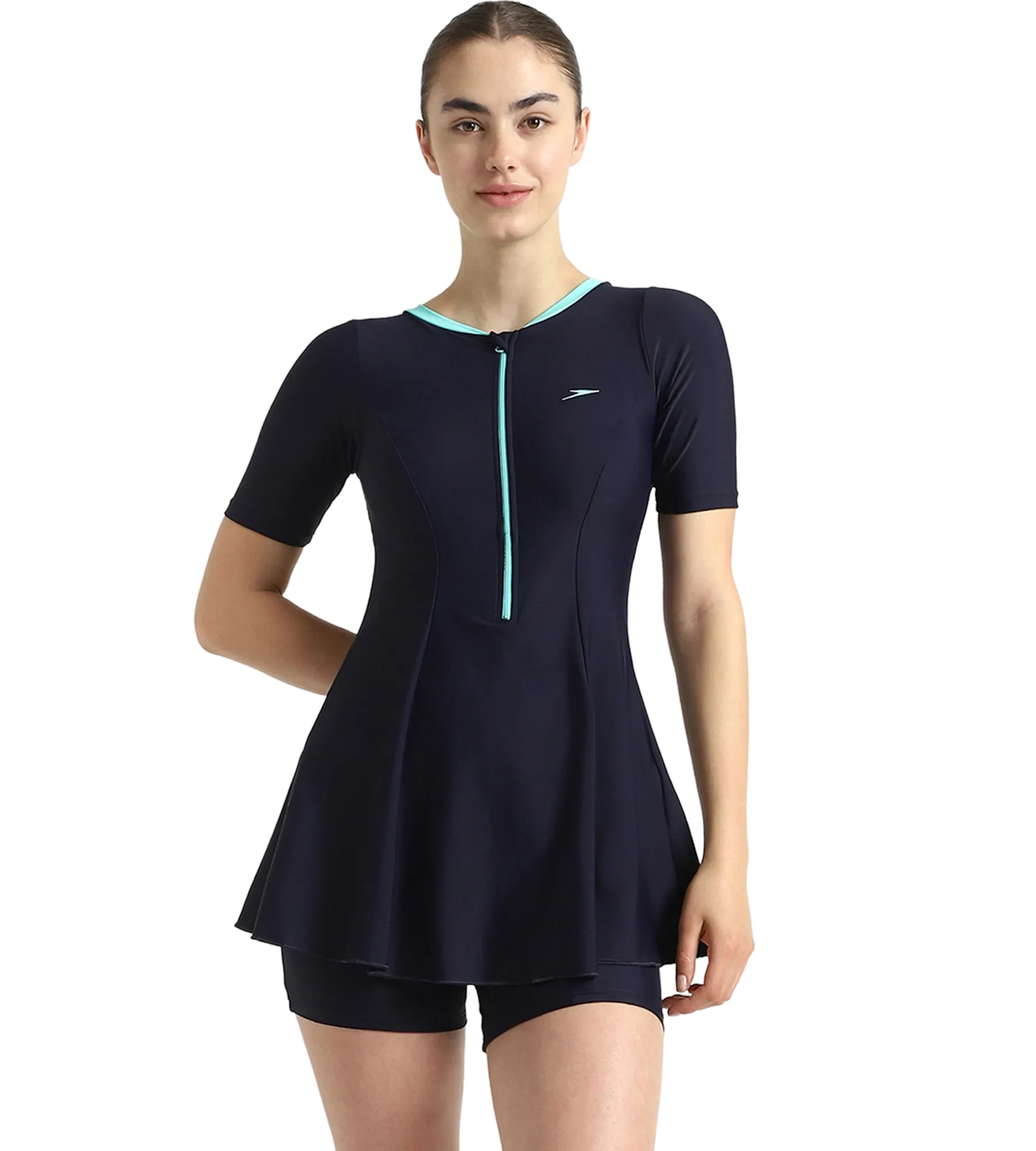 Women's Endurance10 Closedback Sleeved Swimdress With Boyleg - True Navy & Arctic Glass - Image 11