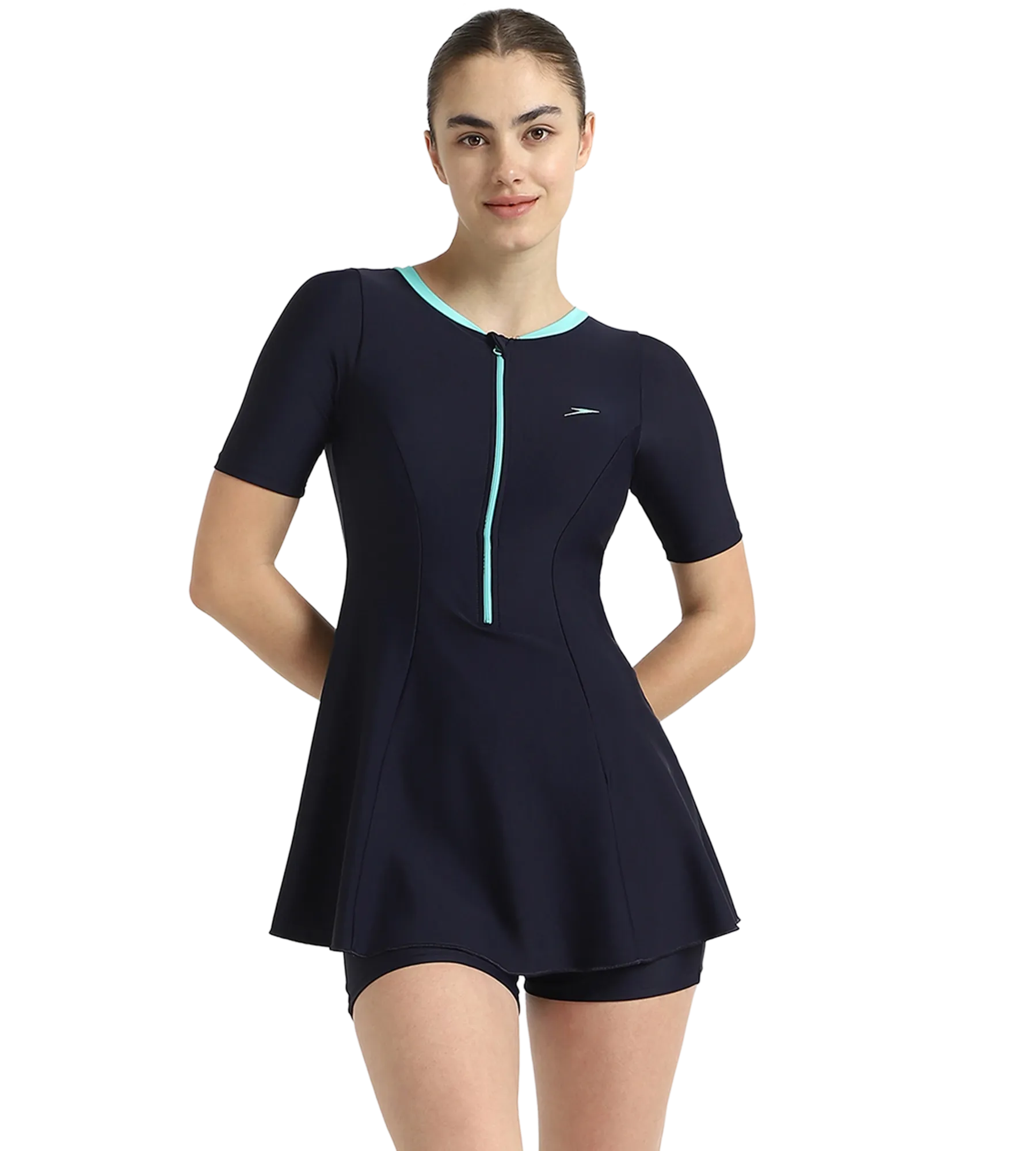 Women's Endurance10 Closedback Sleeved Swimdress With Boyleg - True Navy & Arctic Glass - Image 10