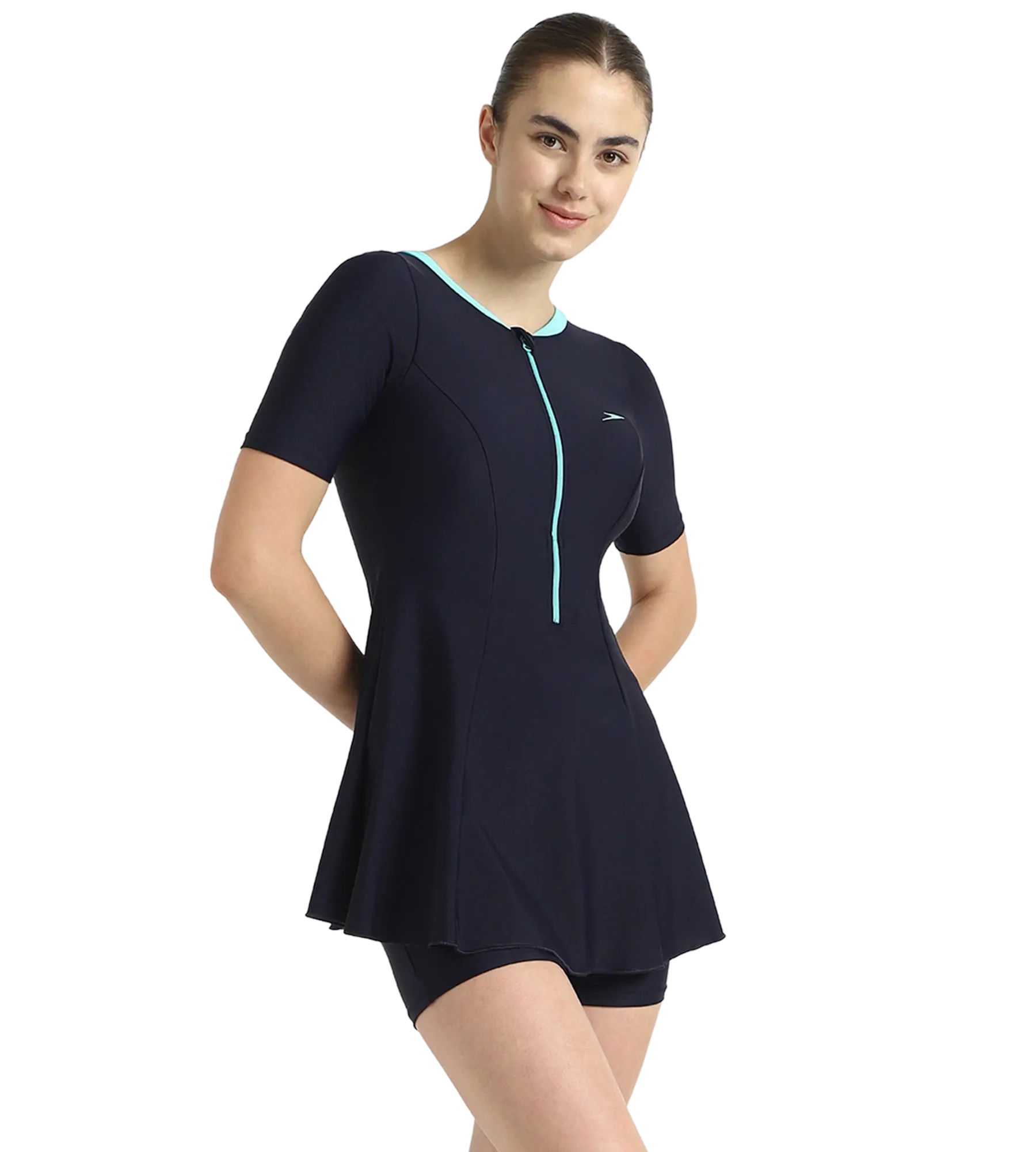 Women's Endurance10 Closedback Sleeved Swimdress With Boyleg - True Navy & Arctic Glass - Image 13