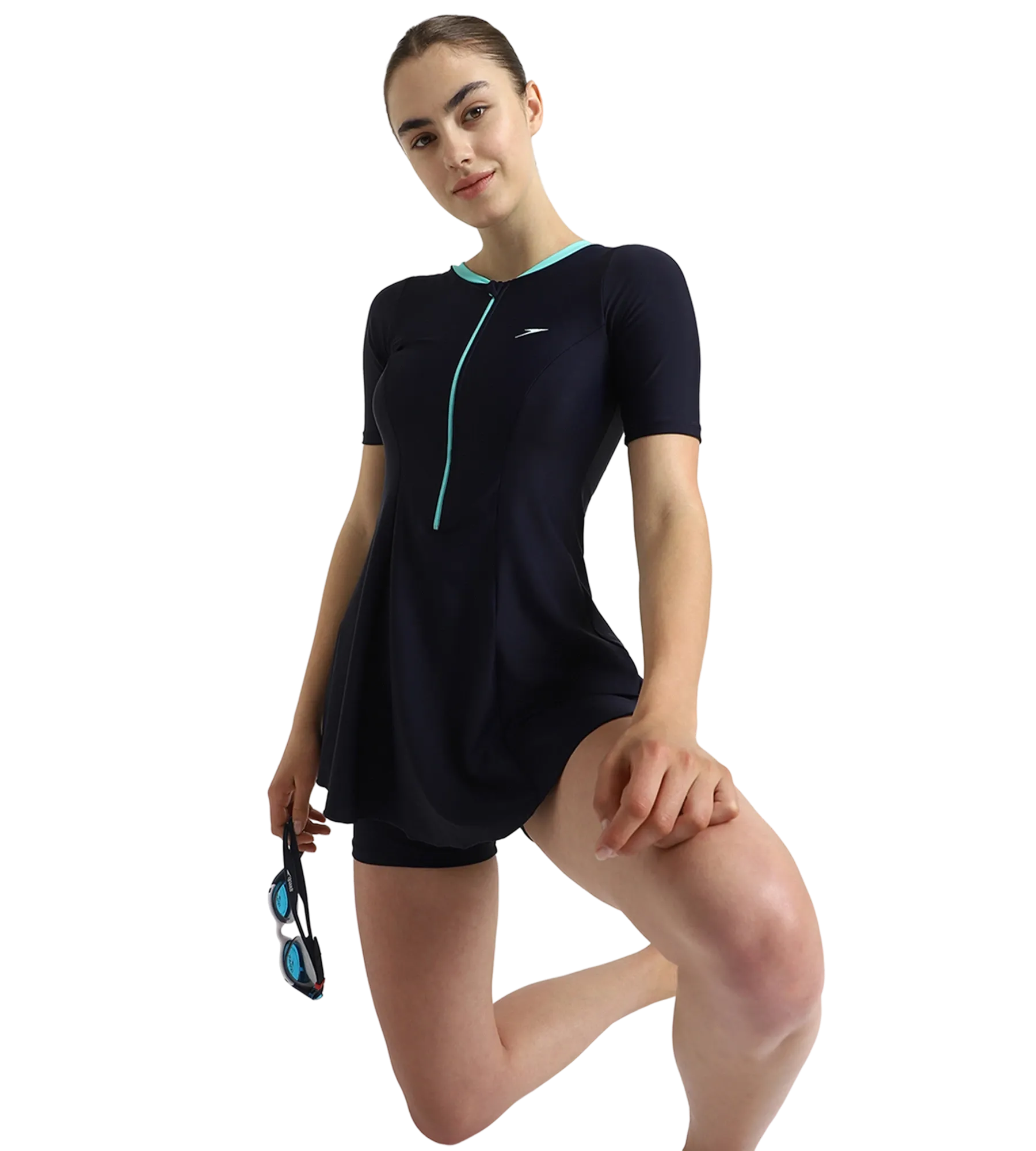 Women's Endurance10 Closedback Sleeved Swimdress With Boyleg - True Navy & Arctic Glass - Image 7