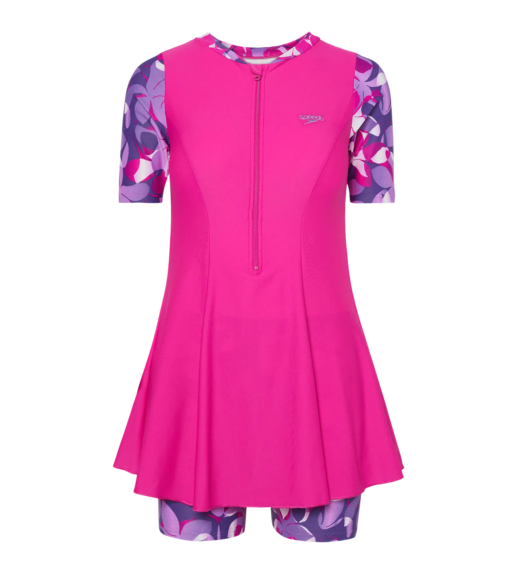 Women's Endurance10 Printed Short Sleeve Closedback Swimdress With Boyleg - Electric Pink & Tapestry - Image 10