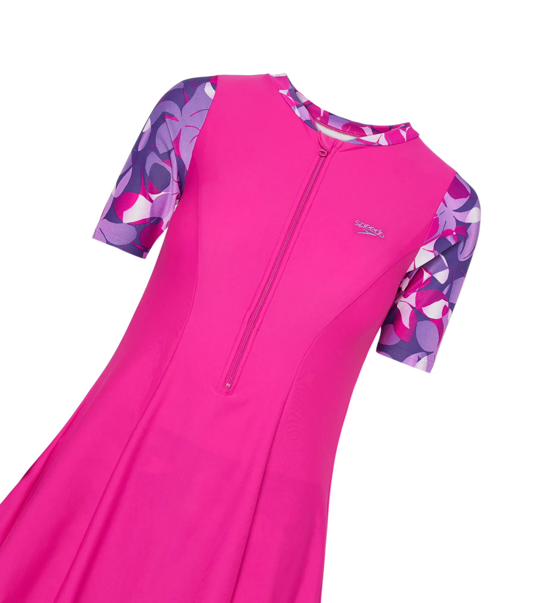 Women's Endurance10 Printed Short Sleeve Closedback Swimdress With Boyleg - Electric Pink & Tapestry - Image 11