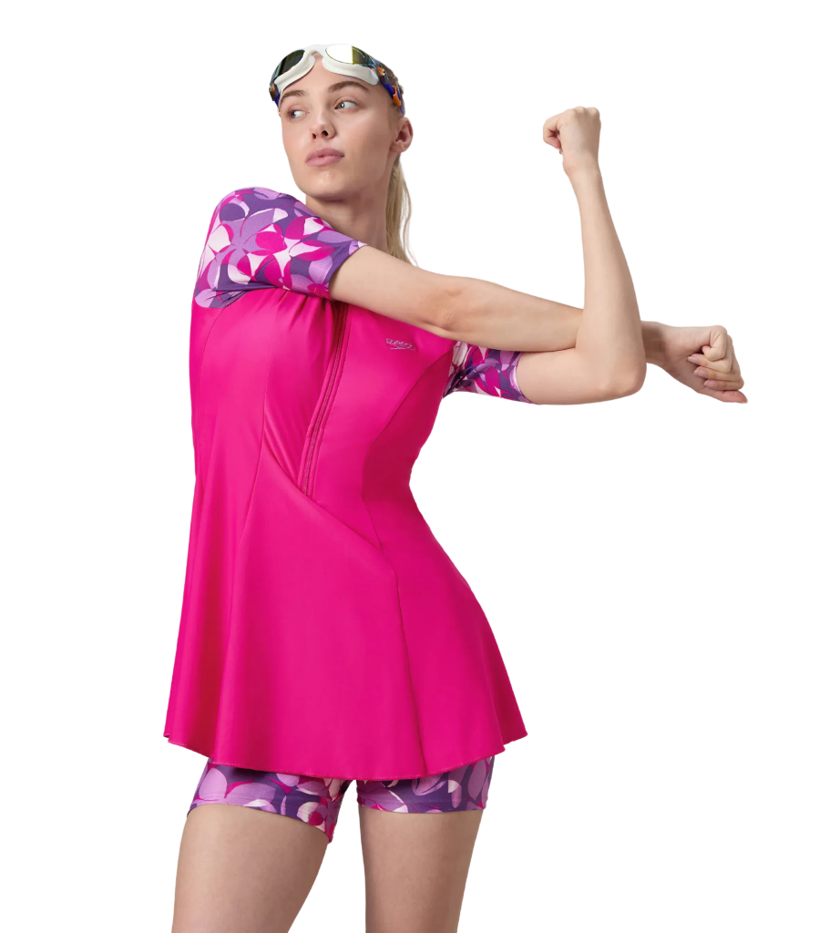 Women's Endurance10 Printed Short Sleeve Closedback Swimdress With Boyleg - Electric Pink & Tapestry