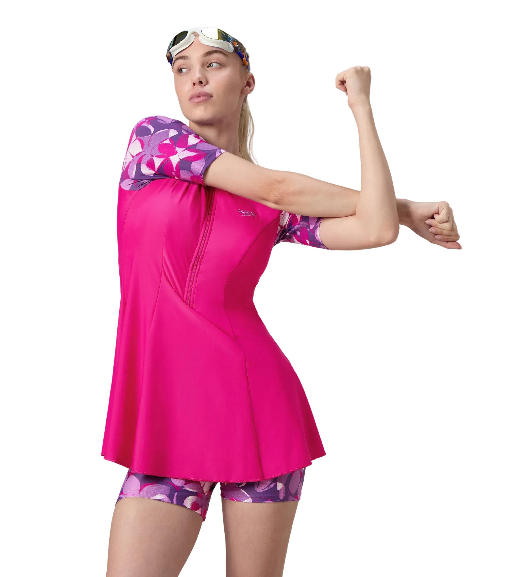 Women's Endurance10 Printed Short Sleeve Closedback Swimdress With Boyleg - Electric Pink & Tapestry