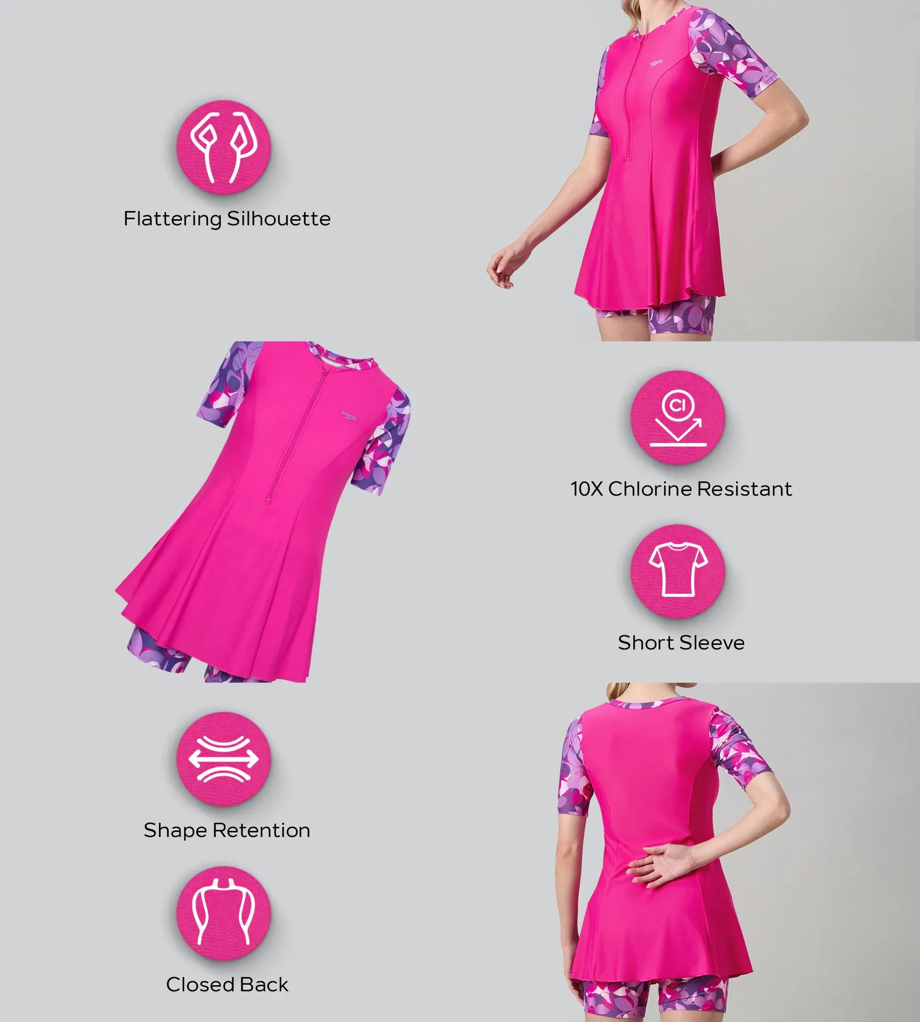 Women's Endurance10 Printed Short Sleeve Closedback Swimdress With Boyleg - Electric Pink & Tapestry - Image 2