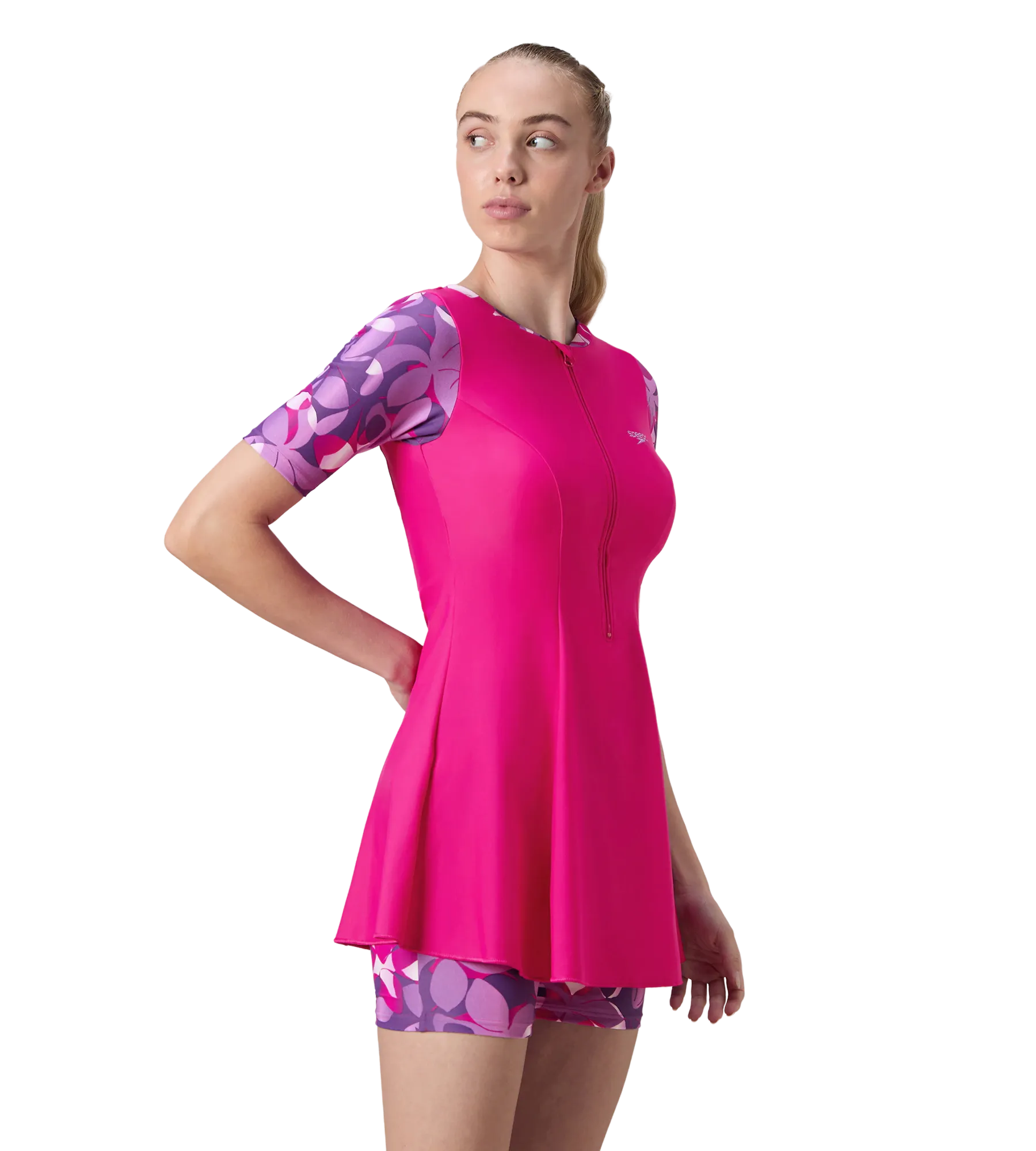 Women's Endurance10 Printed Short Sleeve Closedback Swimdress With Boyleg - Electric Pink & Tapestry - Image 4