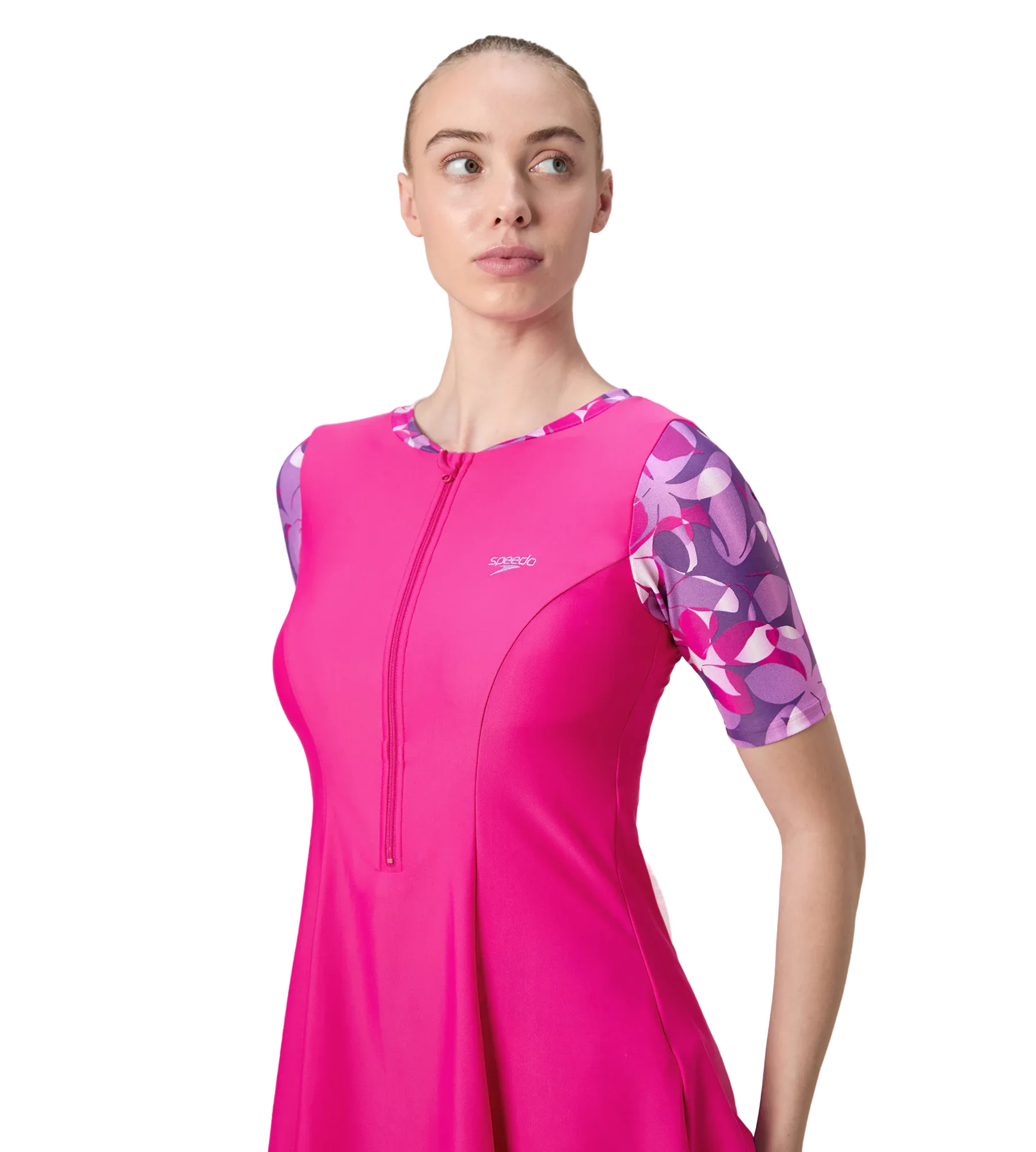 Women's Endurance10 Printed Short Sleeve Closedback Swimdress With Boyleg - Electric Pink & Tapestry - Image 7