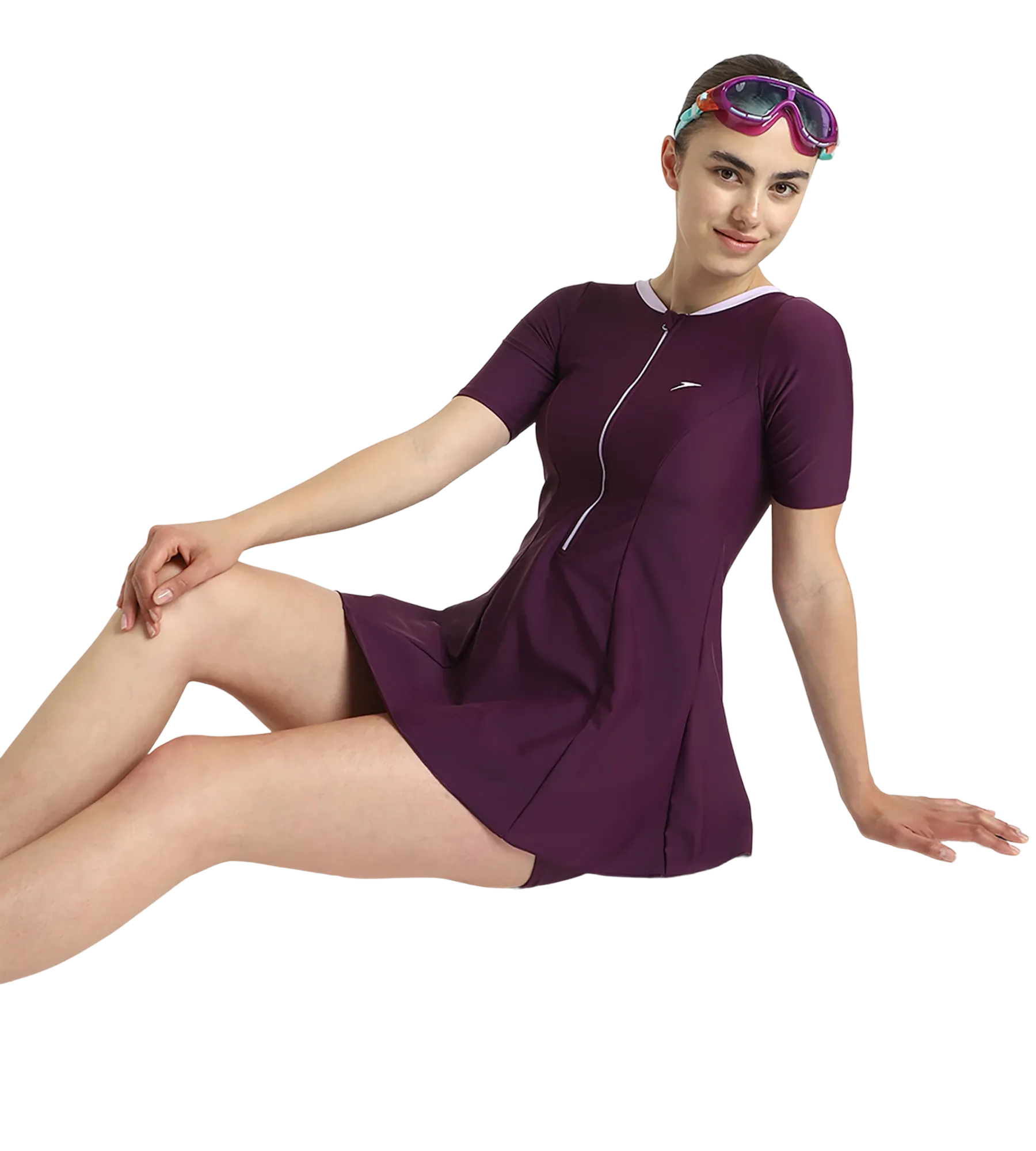 Women's Enduraflex Closedback Sleeved Swimdress With Boyleg - Plum Dandy & Lilac Breeze