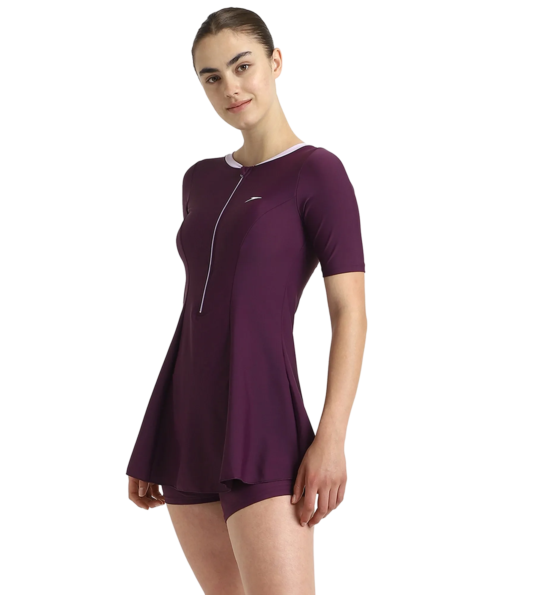 Women's Enduraflex Closedback Sleeved Swimdress With Boyleg - Plum Dandy & Lilac Breeze - Image 3