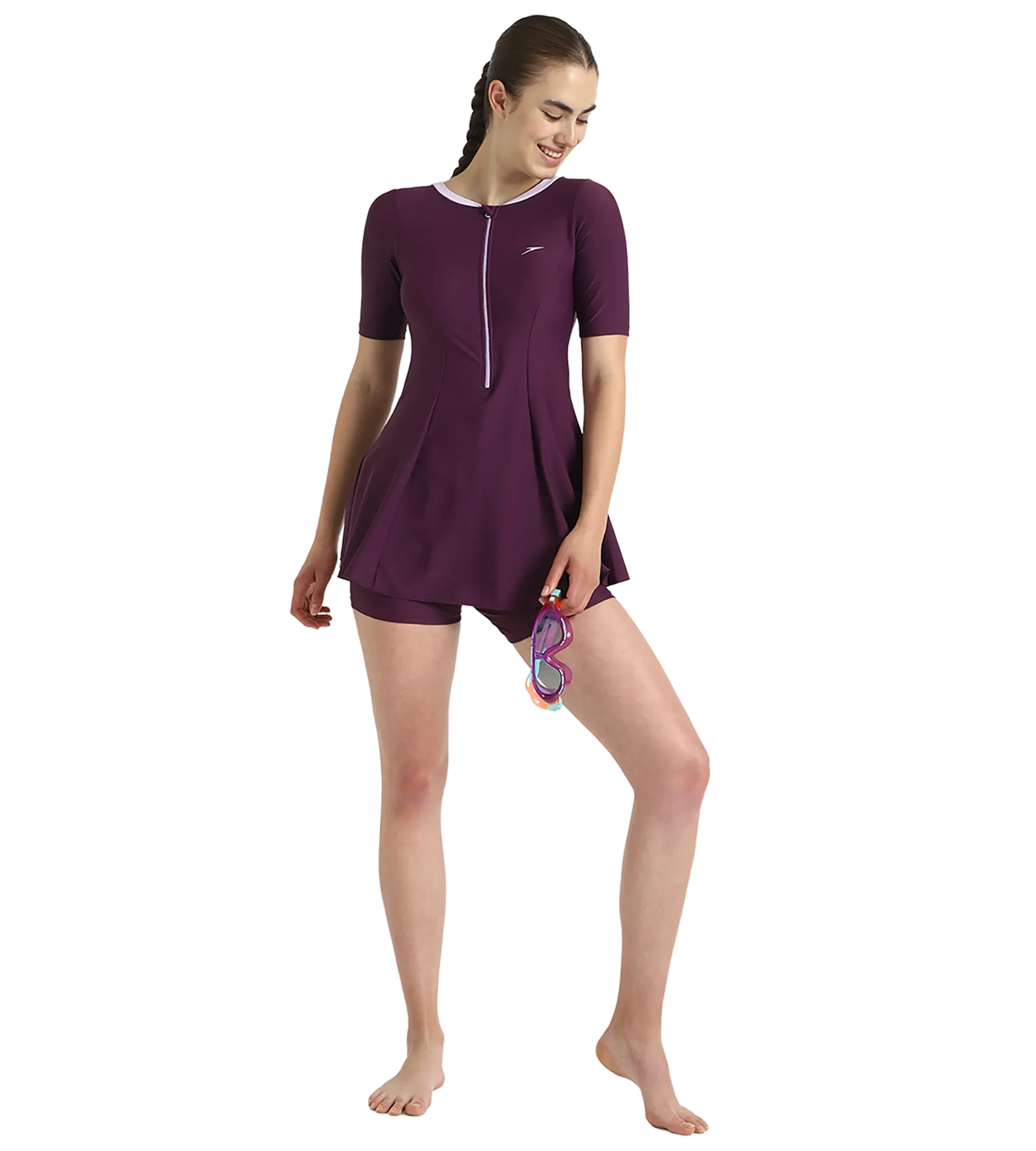 Women's Enduraflex Closedback Sleeved Swimdress With Boyleg - Plum Dandy & Lilac Breeze - Image 7