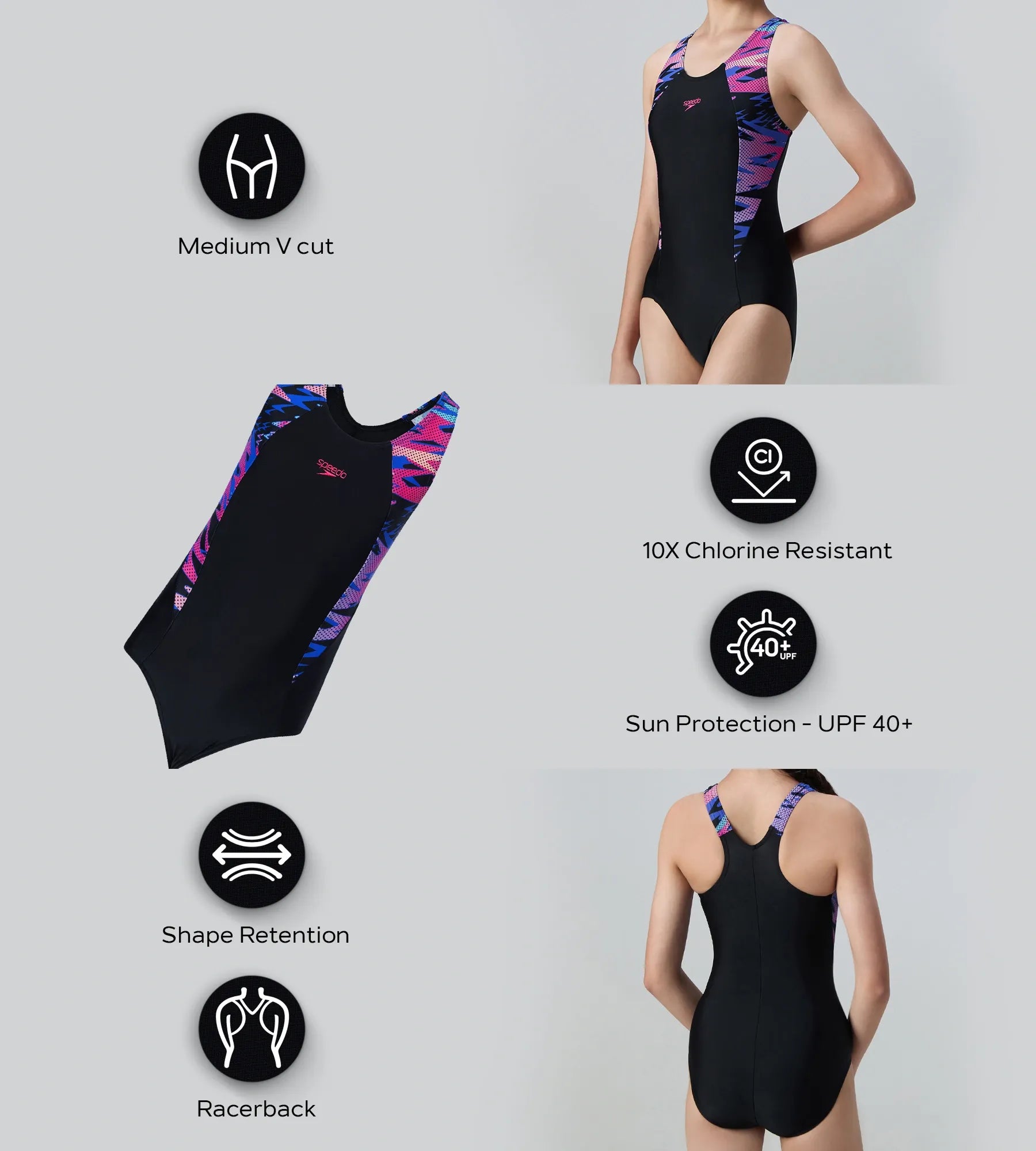Girl's Endurance10 Hyperboom Print Splice Racerback V-Cut One Piece Swimsuit - Black & Margarita Pink - Image 2