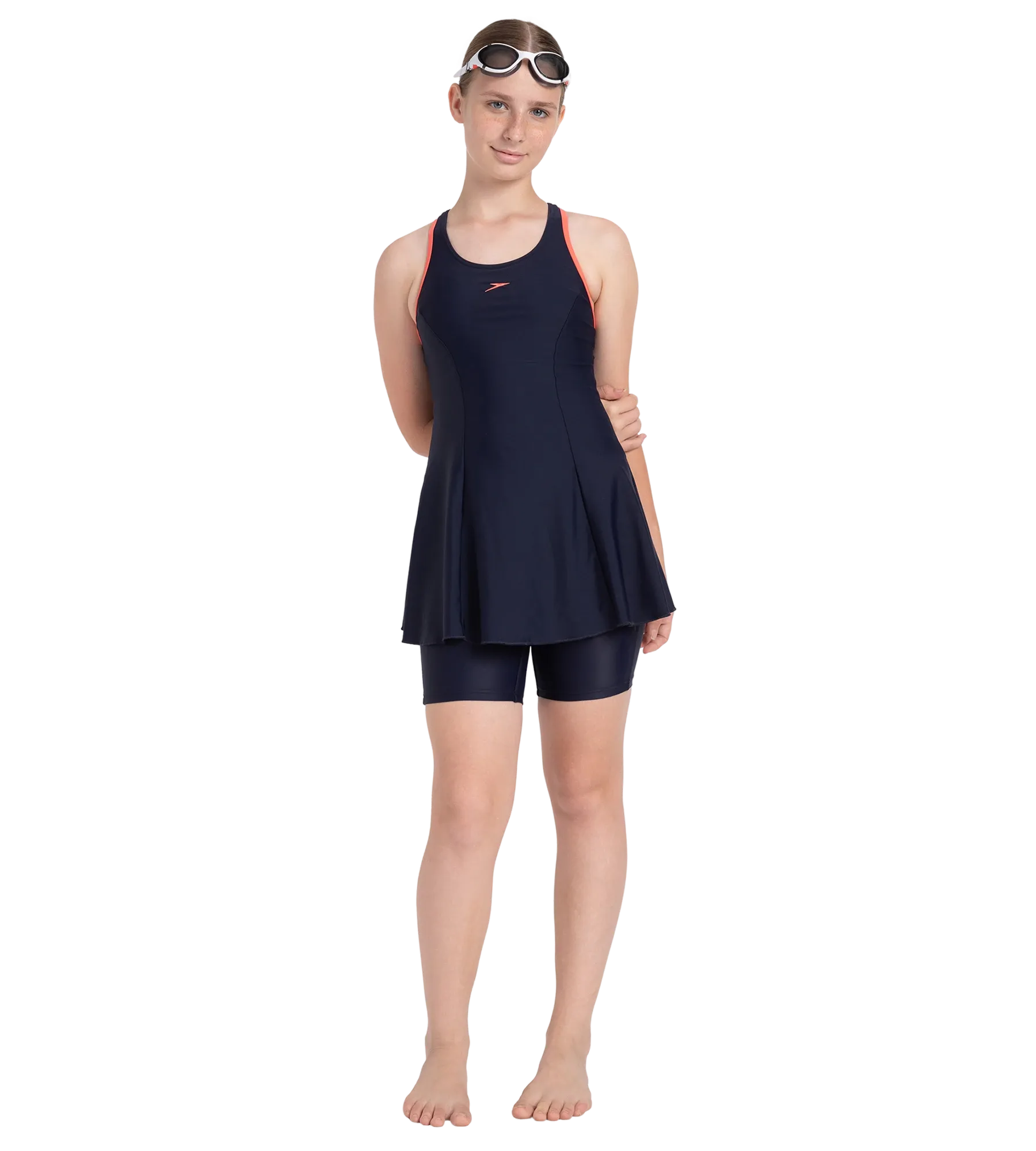 Girl's Endurance10 Racerback Swimdress With Boyleg - True Navy & Coral Sands - Image 7