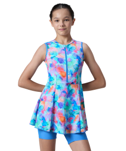Girl's Endurance10 Printed Closedback Swimdress With Boyleg - Angelic Blue & Periwinkle Blue