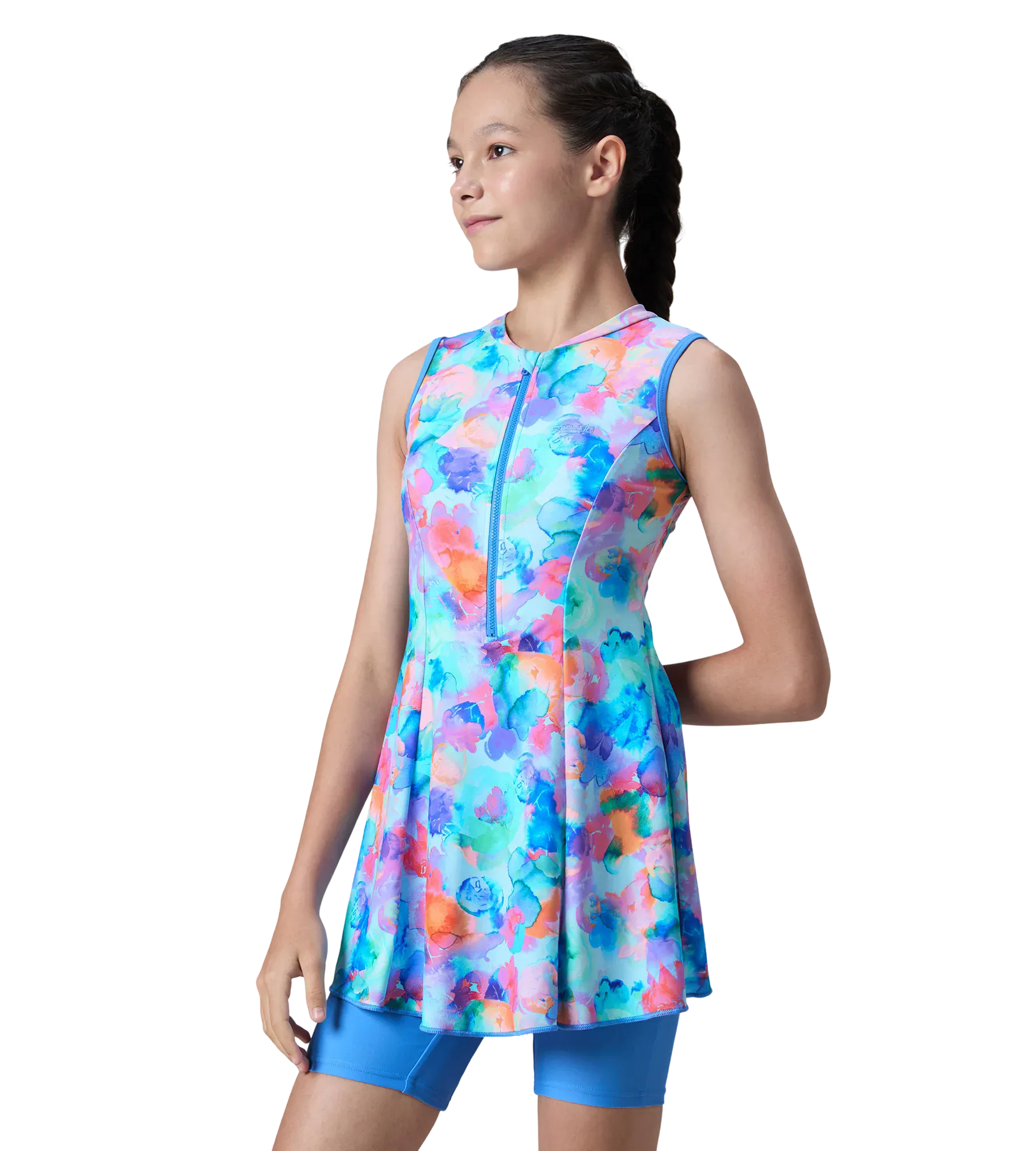 Girl's Endurance10 Printed Closedback Swimdress With Boyleg - Angelic Blue & Periwinkle Blue - Image 3