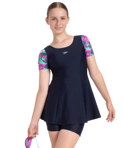 Girl's Endurance10 Sleeved Closedback Swimdress With Boyleg - True Navy. Neon Violet & Arctic Glass
