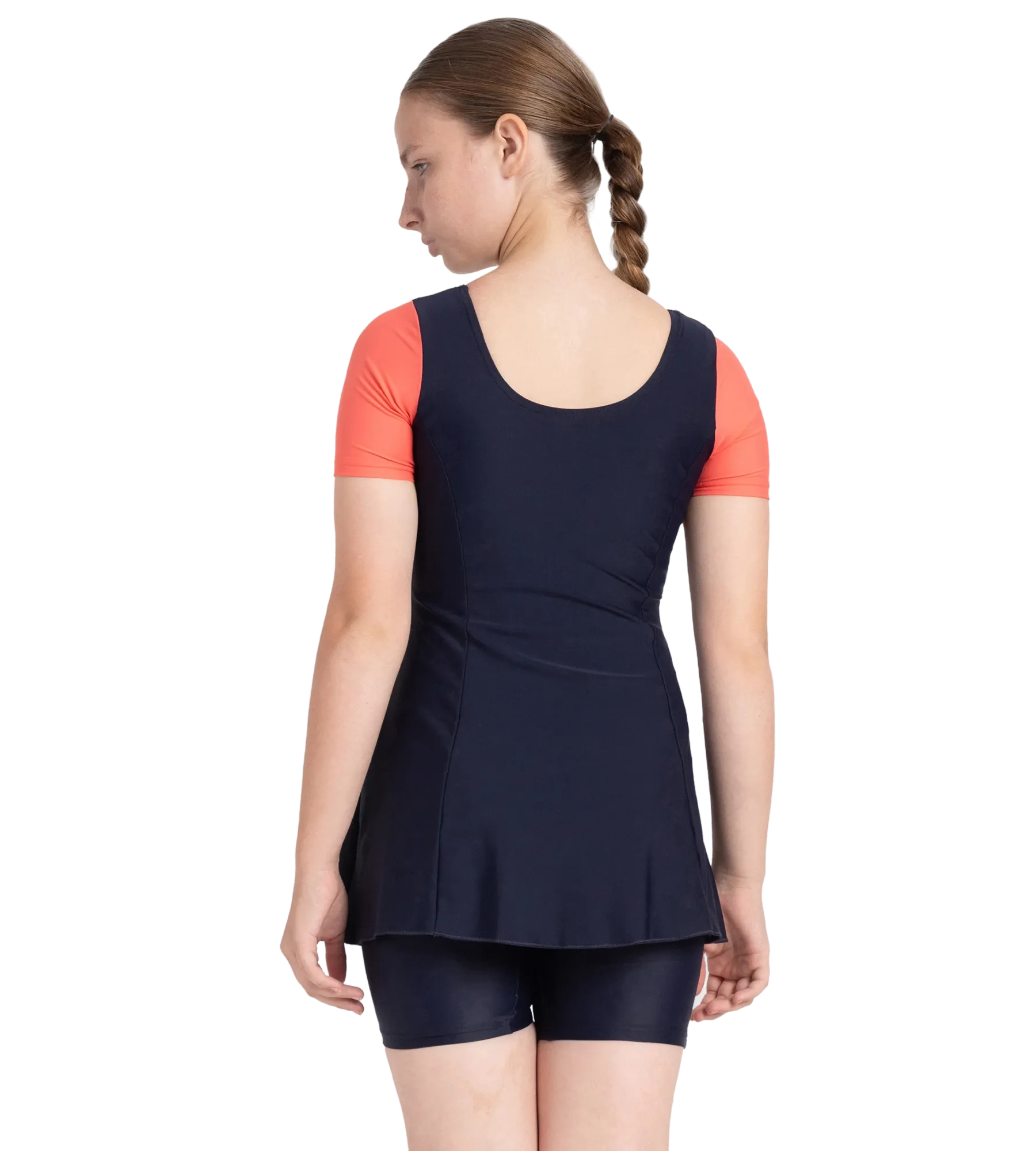 Girl's Endurance10 Sleeved Closedback Swimdress With Boyleg - True Navy & Coral Sands - Image 5