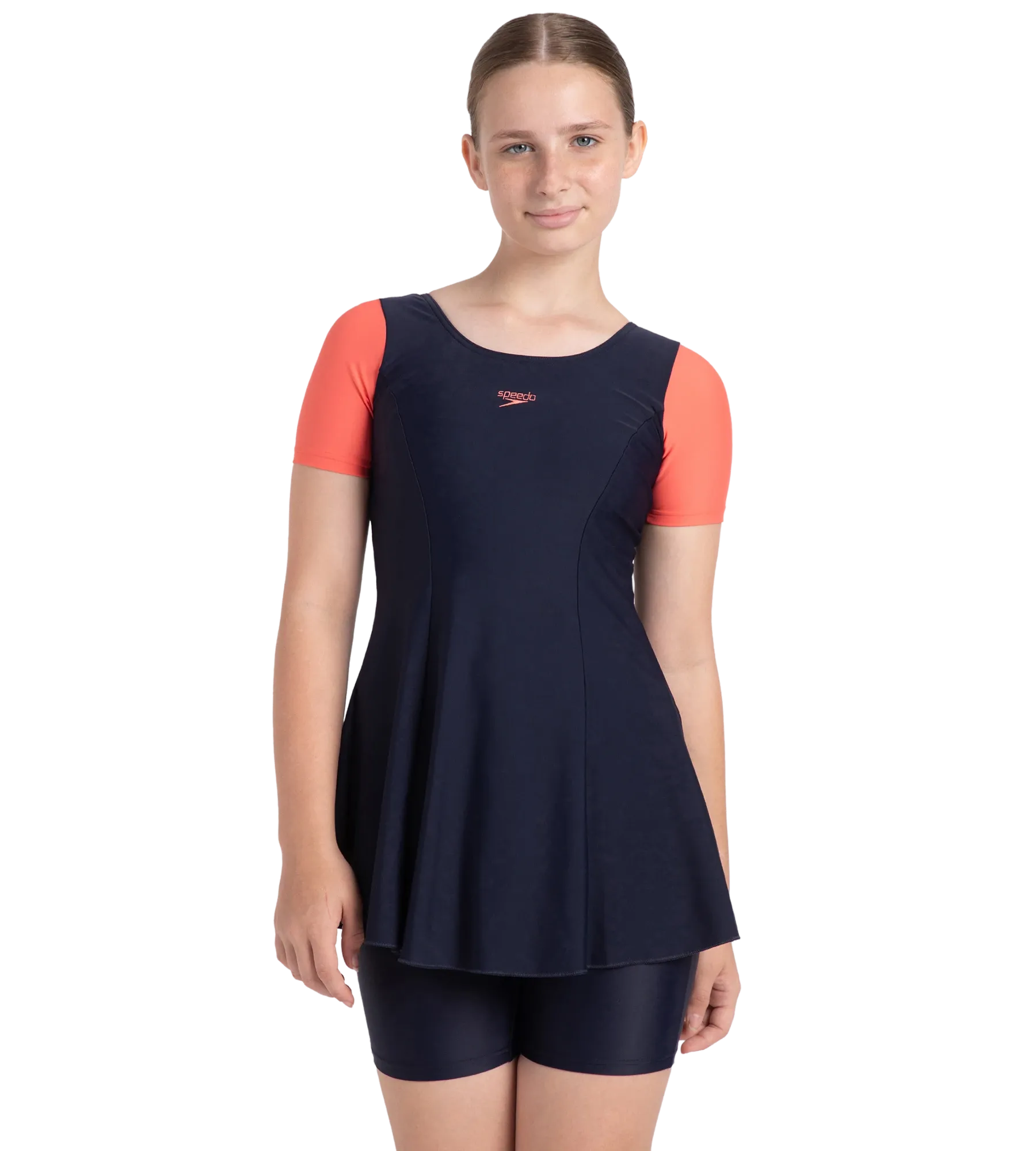 Girl's Endurance10 Sleeved Closedback Swimdress With Boyleg - True Navy & Coral Sands - Image 6