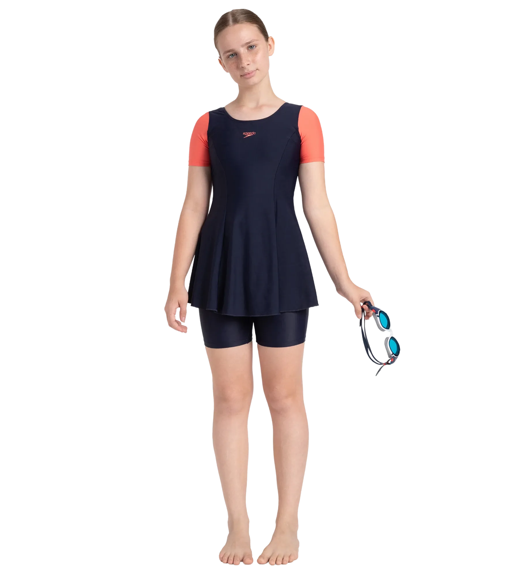 Girl's Endurance10 Sleeved Closedback Swimdress With Boyleg - True Navy & Coral Sands - Image 7