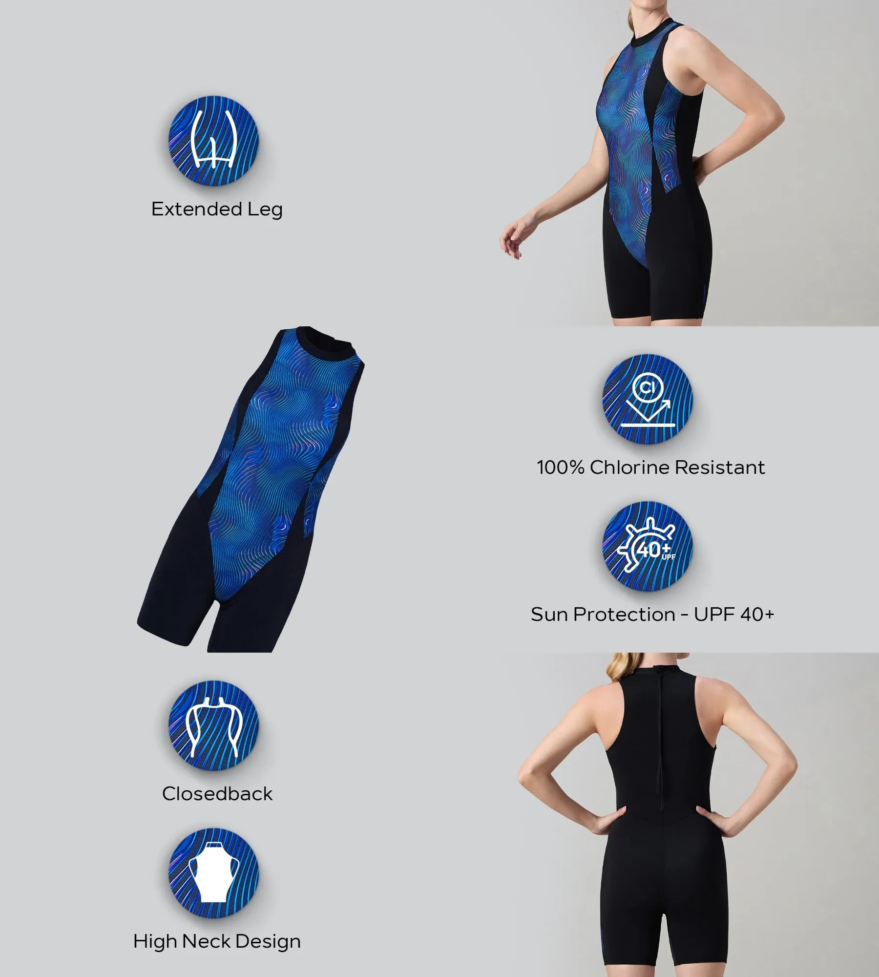 Women's Endurance+ Printed Highneck Legsuit - Black & Deep Saffire - Image 2