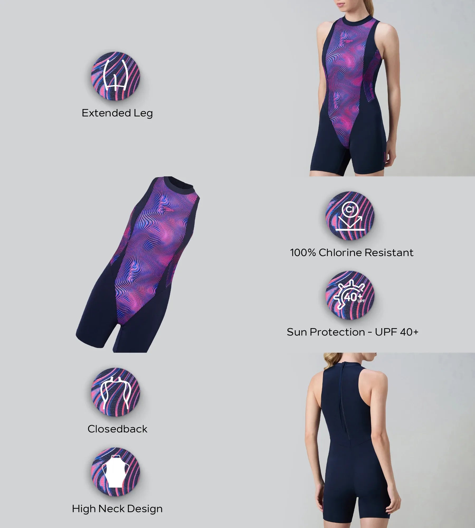Women's Endurance+ Printed Highneck Legsuit - True Navy & Margarita Pink - Image 2