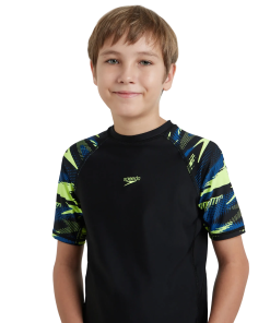 Boy's Endurance10 Hyperboom Print Short Sleeve Suntop - Black. Turkish Sea & Hyper Yellow