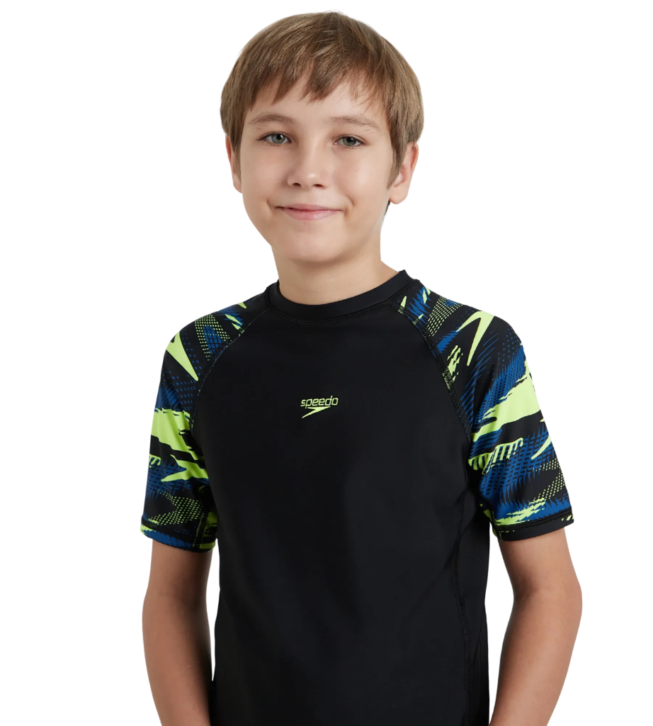 Boy's Endurance10 Hyperboom Print Short Sleeve Suntop - Black. Turkish Sea & Hyper Yellow
