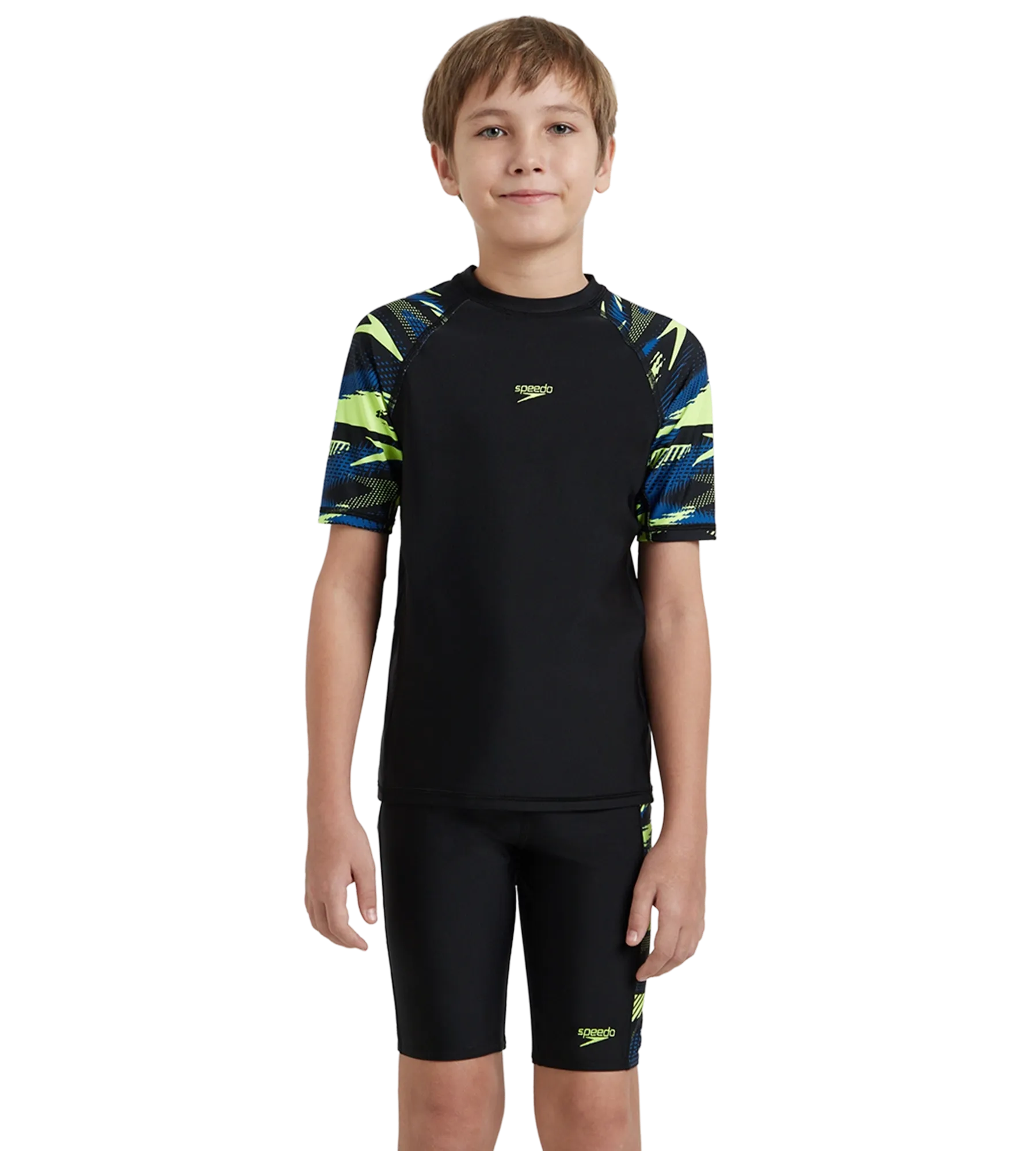 Boy's Endurance10 Hyperboom Print Short Sleeve Suntop - Black. Turkish Sea & Hyper Yellow - Image 2