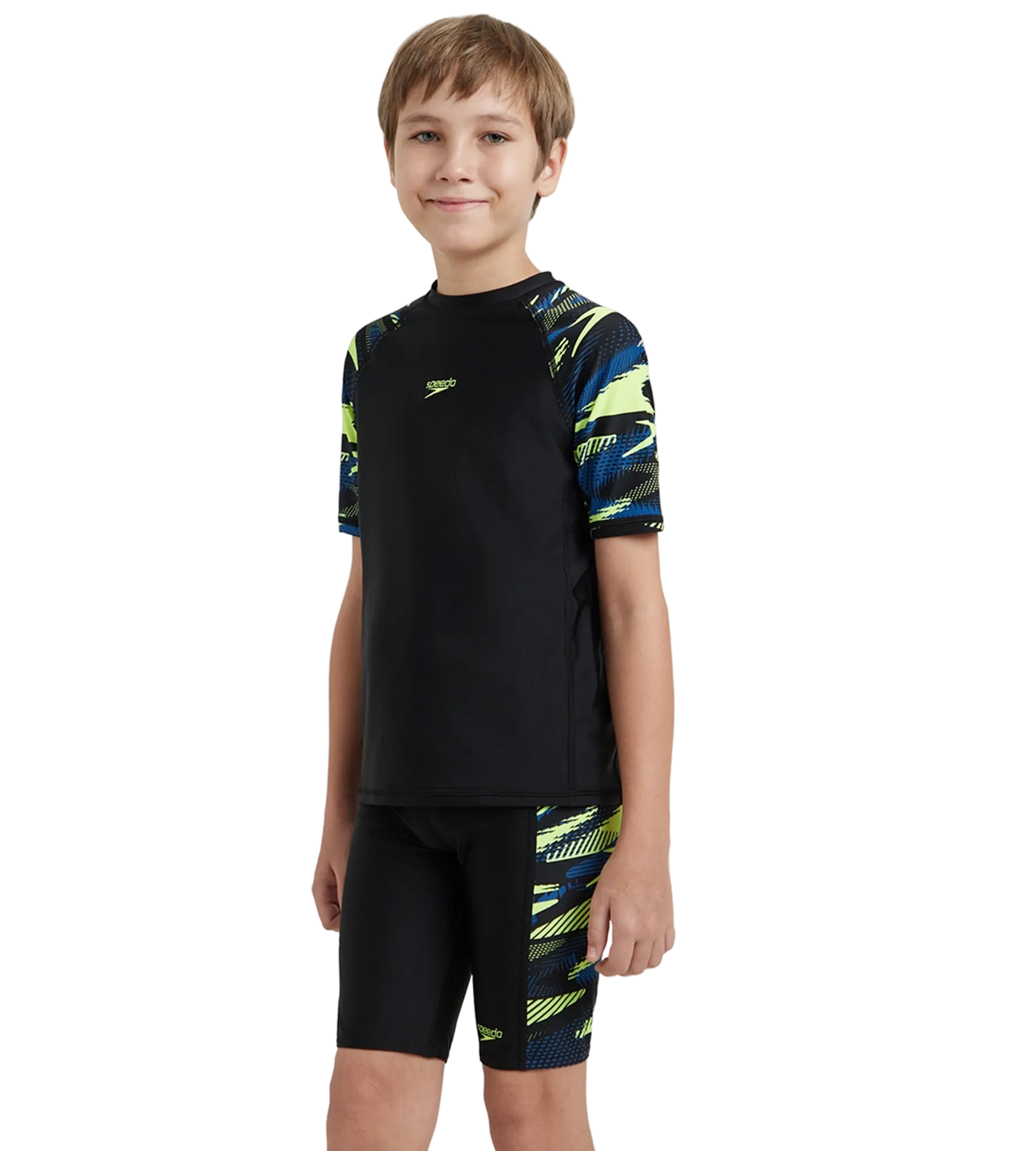 Boy's Endurance10 Hyperboom Print Short Sleeve Suntop - Black. Turkish Sea & Hyper Yellow - Image 3