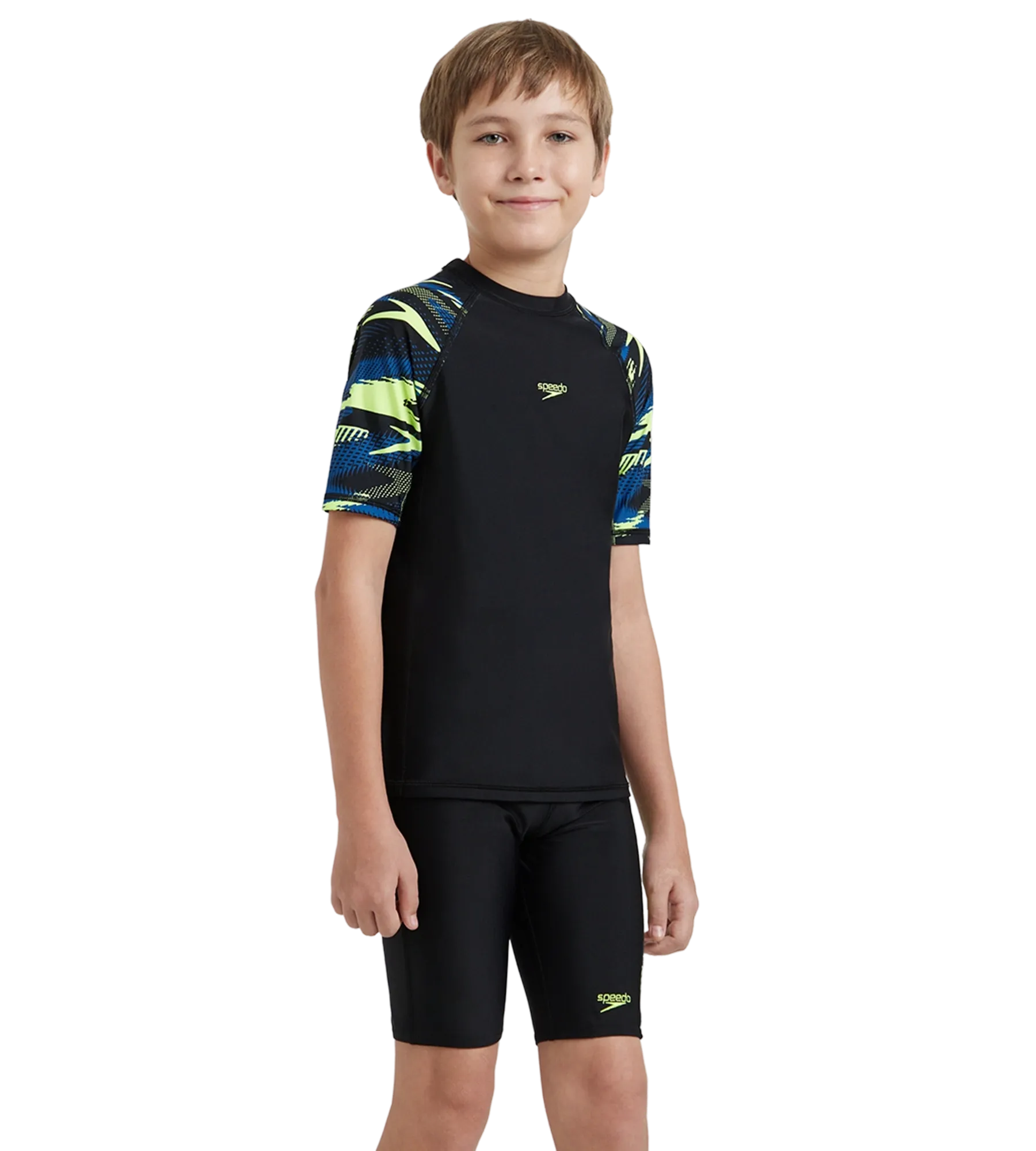 Boy's Endurance10 Hyperboom Print Short Sleeve Suntop - Black. Turkish Sea & Hyper Yellow - Image 4