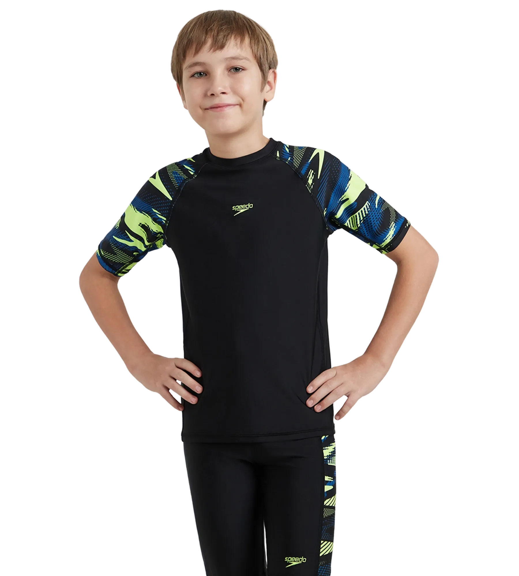 Boy's Endurance10 Hyperboom Print Short Sleeve Suntop - Black. Turkish Sea & Hyper Yellow - Image 6