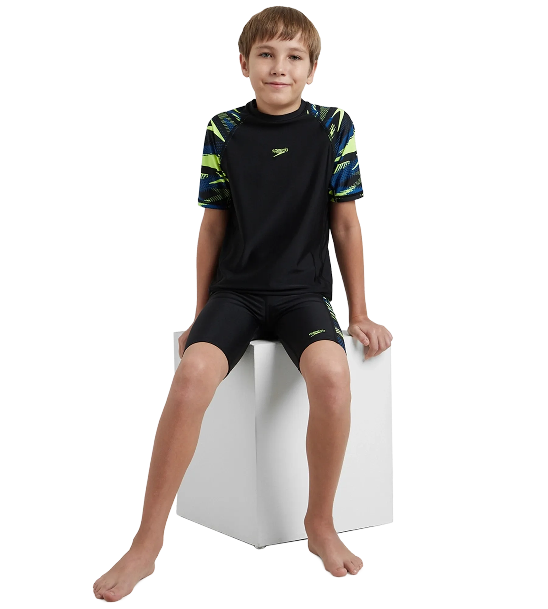 Boy's Endurance10 Hyperboom Print Short Sleeve Suntop - Black. Turkish Sea & Hyper Yellow - Image 7