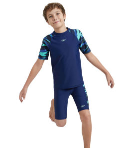 Boy's Endurance10 Hyperboom Print Short Sleeve Suntop - Harmony. True Navy & Cobalt