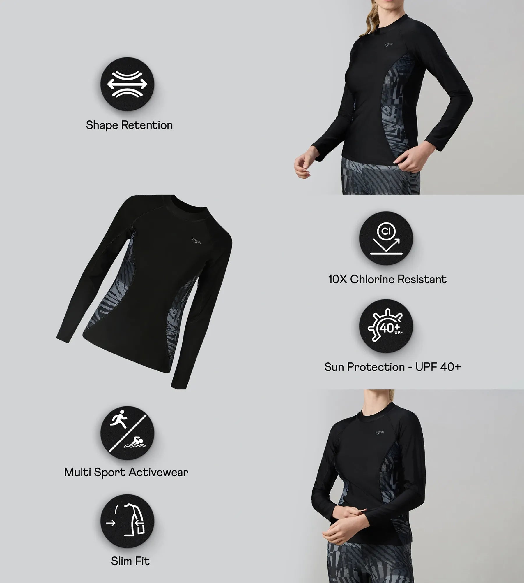 Women's Endurance10 Splice Print Long Sleeve Suntop - Black & Grey Lead - Image 2