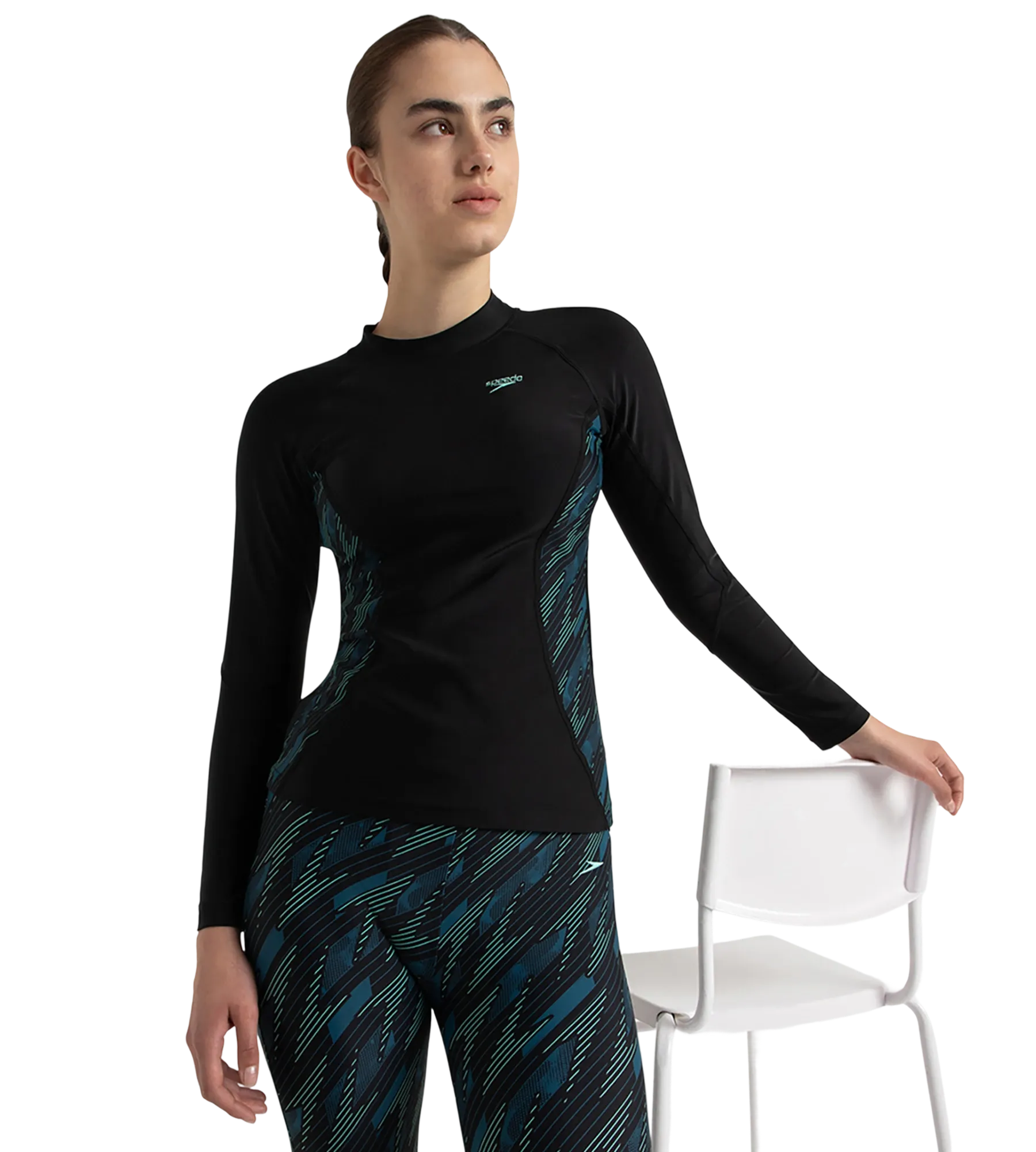 Women's Hyperboom Splice Print Long Sleeve Suntop - Black. Dark Teal & Arctic Glass