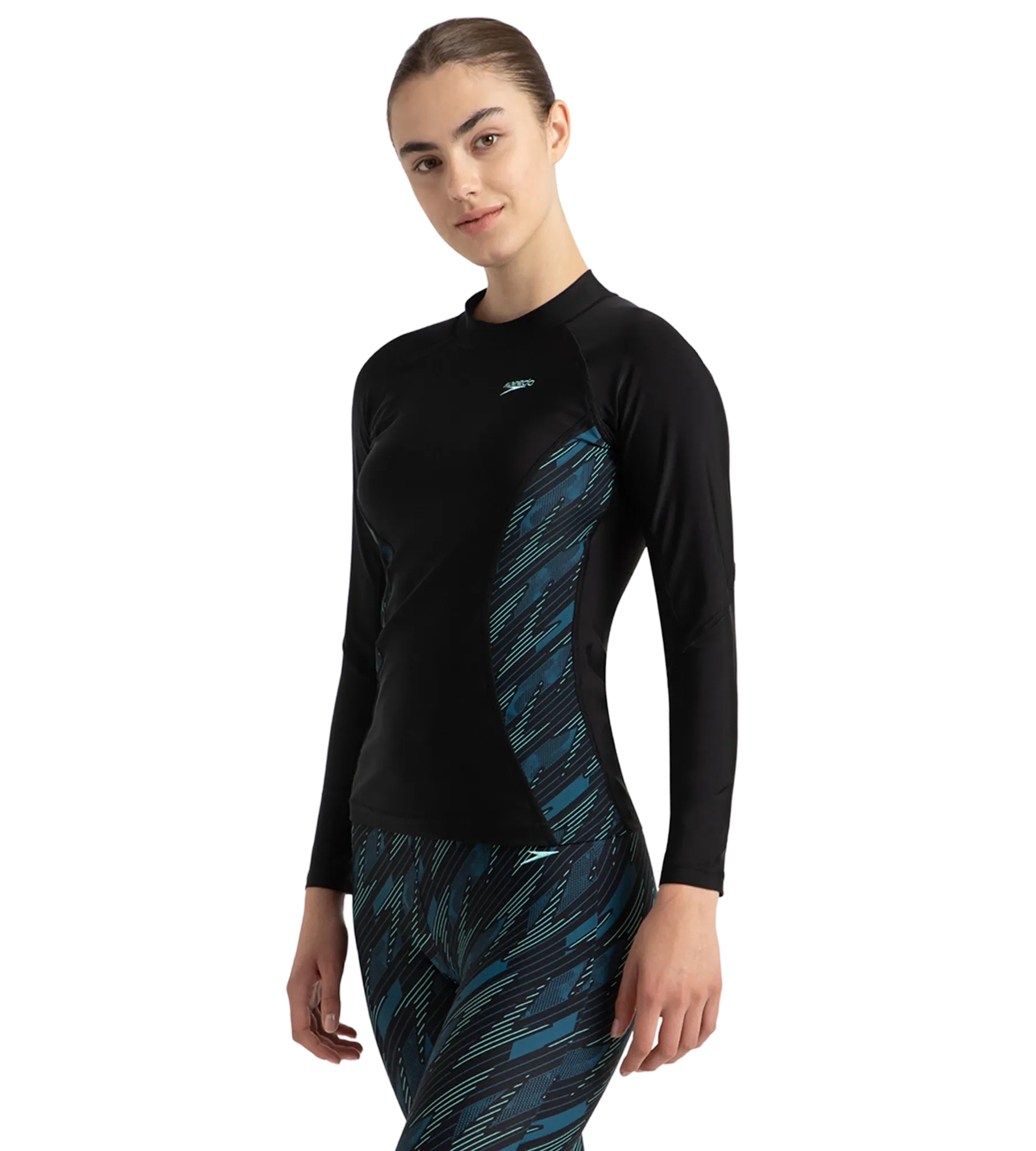 Women's Hyperboom Splice Print Long Sleeve Suntop - Black. Dark Teal & Arctic Glass - Image 3