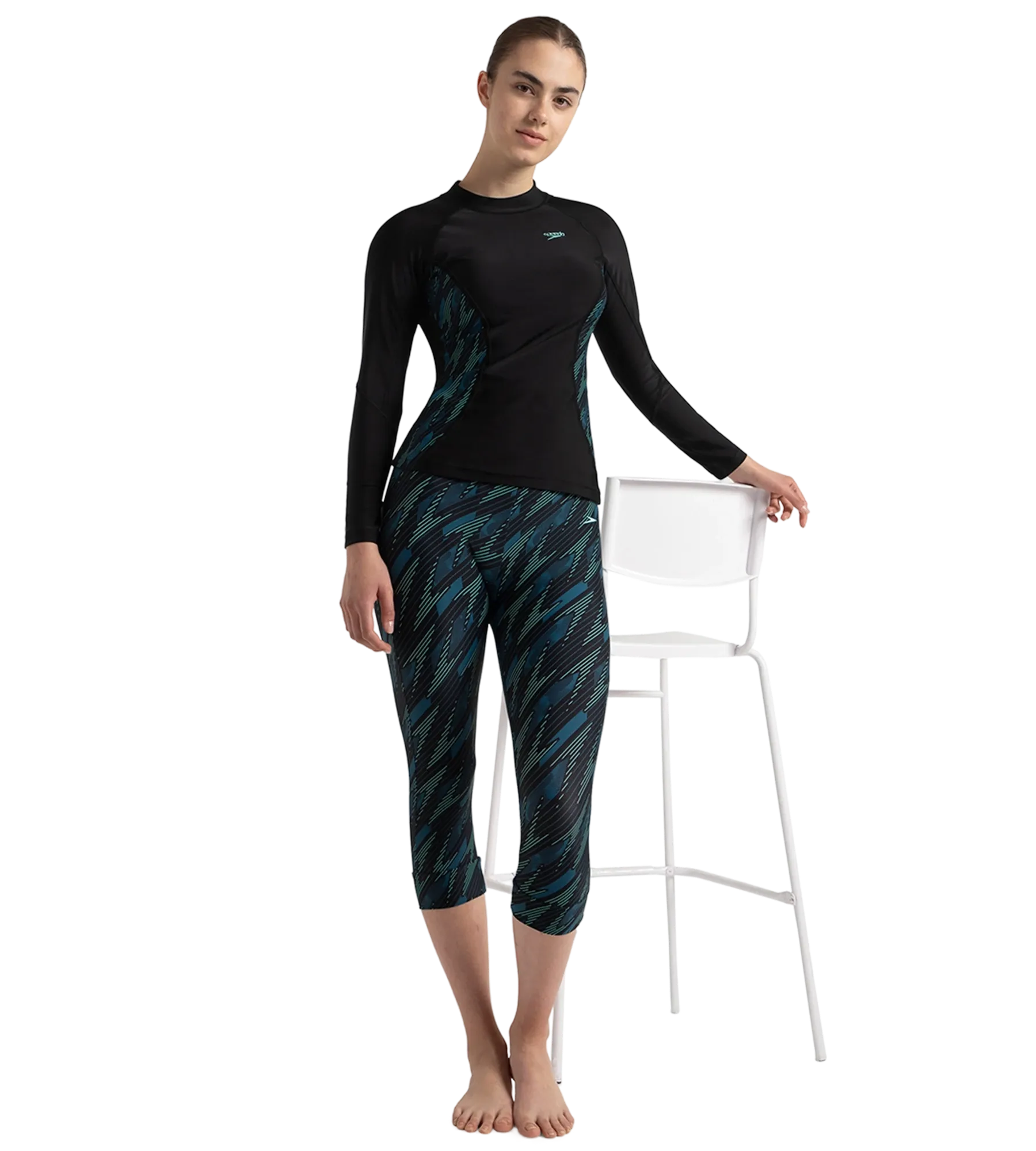 Women's Hyperboom Splice Print Long Sleeve Suntop - Black. Dark Teal & Arctic Glass - Image 6