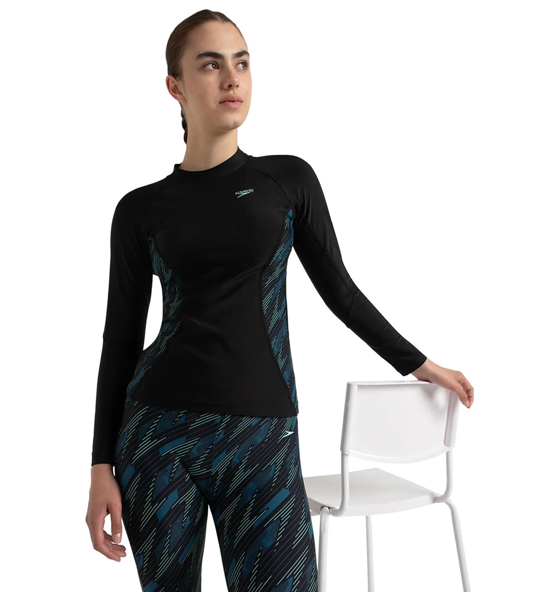 Women's Hyperboom Splice Print Long Sleeve Suntop - Black. Dark Teal & Arctic Glass - Image 7
