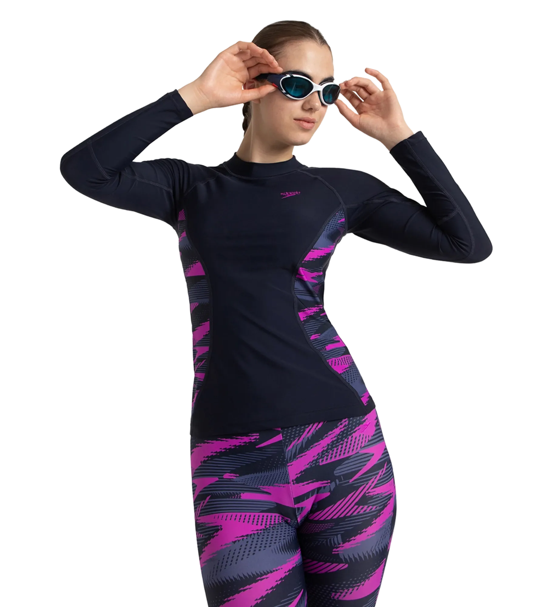 Women's Hyperboom Splice Print Long Sleeve Suntop - True Navy. Hapuna Blue & Diva - Image 8